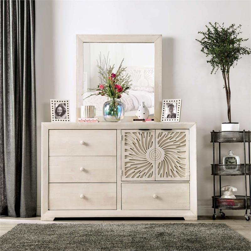 Furniture of America Solia Solid Wood 2-Piece Dresser and Mirror Set in Ivory - Elegant Bedroom Furniture for Home Decor & Storage Solutions