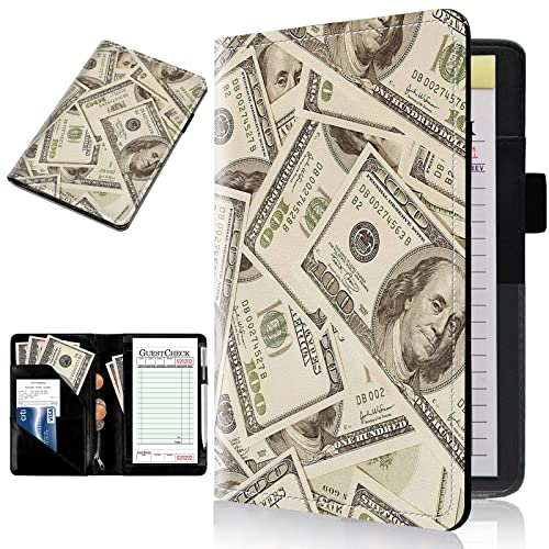 Leather Waitress Book with Zipper Money Pocket - Cute Dollar Cash Pattern Design - Server Book for Waitress, Guest Check Holder - Fits Server Apron - Perfect for Restaurants, Cafes & Hospitality Professionals