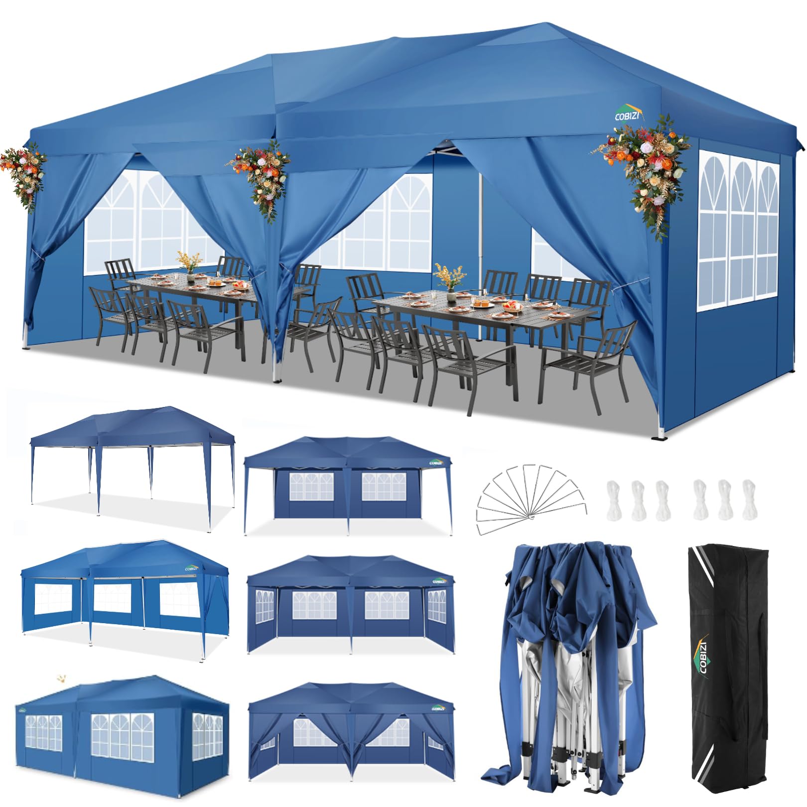 COBIZI 10x20 Pop Up Canopy Tent with 6 Sidewalls - Waterproof Outdoor Event Shelter, Instant Gazebo Sun Shade for Parties, Beach, Camping & Commercial Use | Portable Blue 10x20 Canopy Tent | Perfect for Backyard BBQs, Farmers Markets & Tailgating