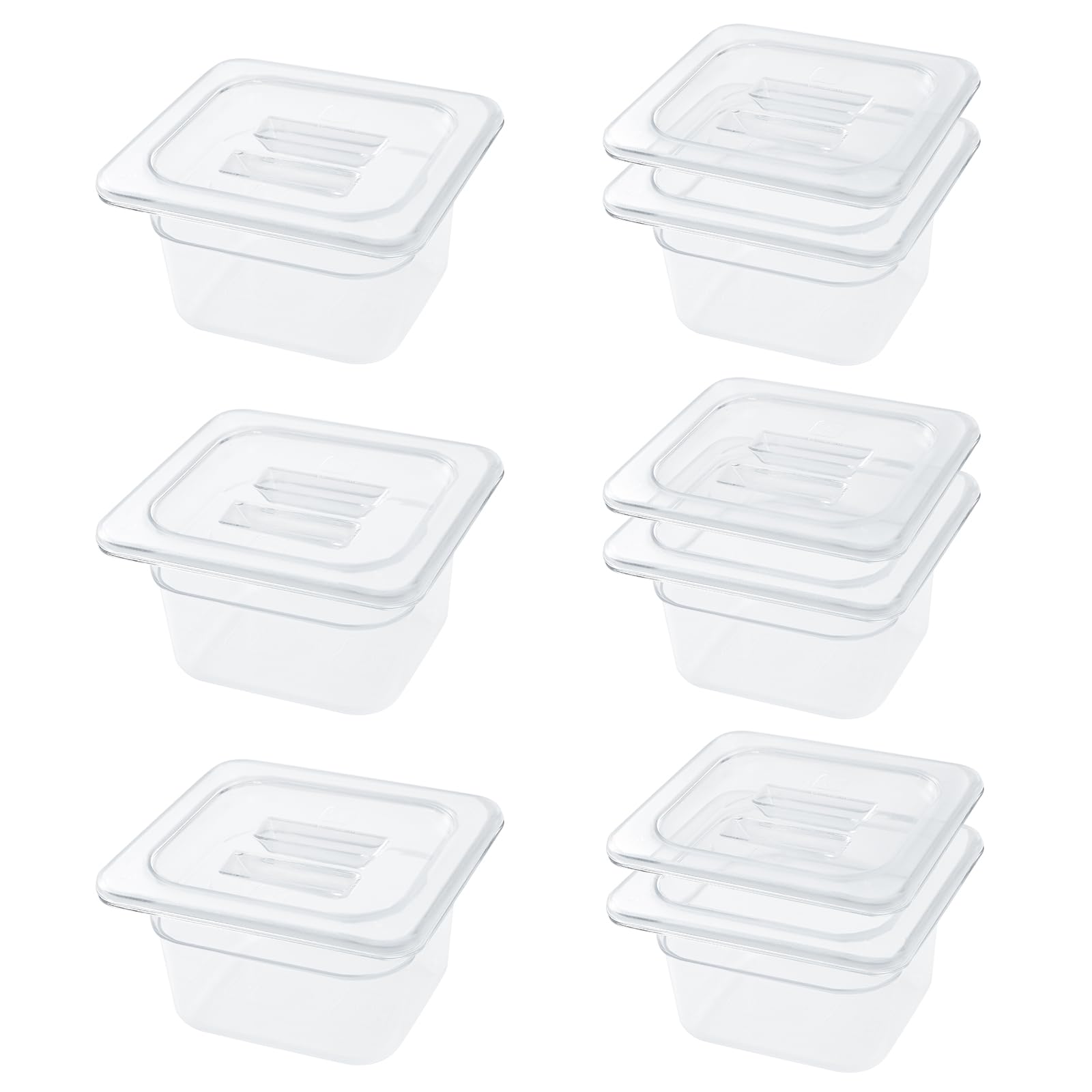 6 Pack 1/6 Size 4'' Deep Clear Food Pans with Lids - Commercial Grade Acrylic Transparent Food Storage Containers, Stackable Plastic Hotel Pans with Capacity Scale - Perfect for Restaurants, Catering & Bulk Food Storage