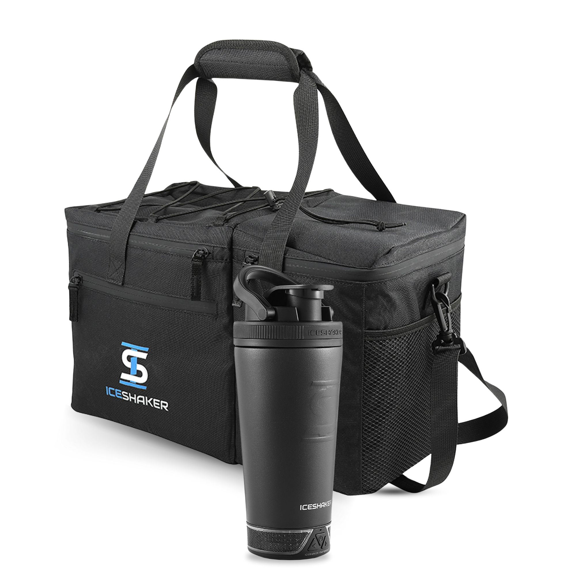 Ice Shaker Ultimate Bundle - 40oz Insulated Water Bottle with Bluetooth Speaker & Gym Duffel Bag for Workout, Travel & Outdoor Adventures