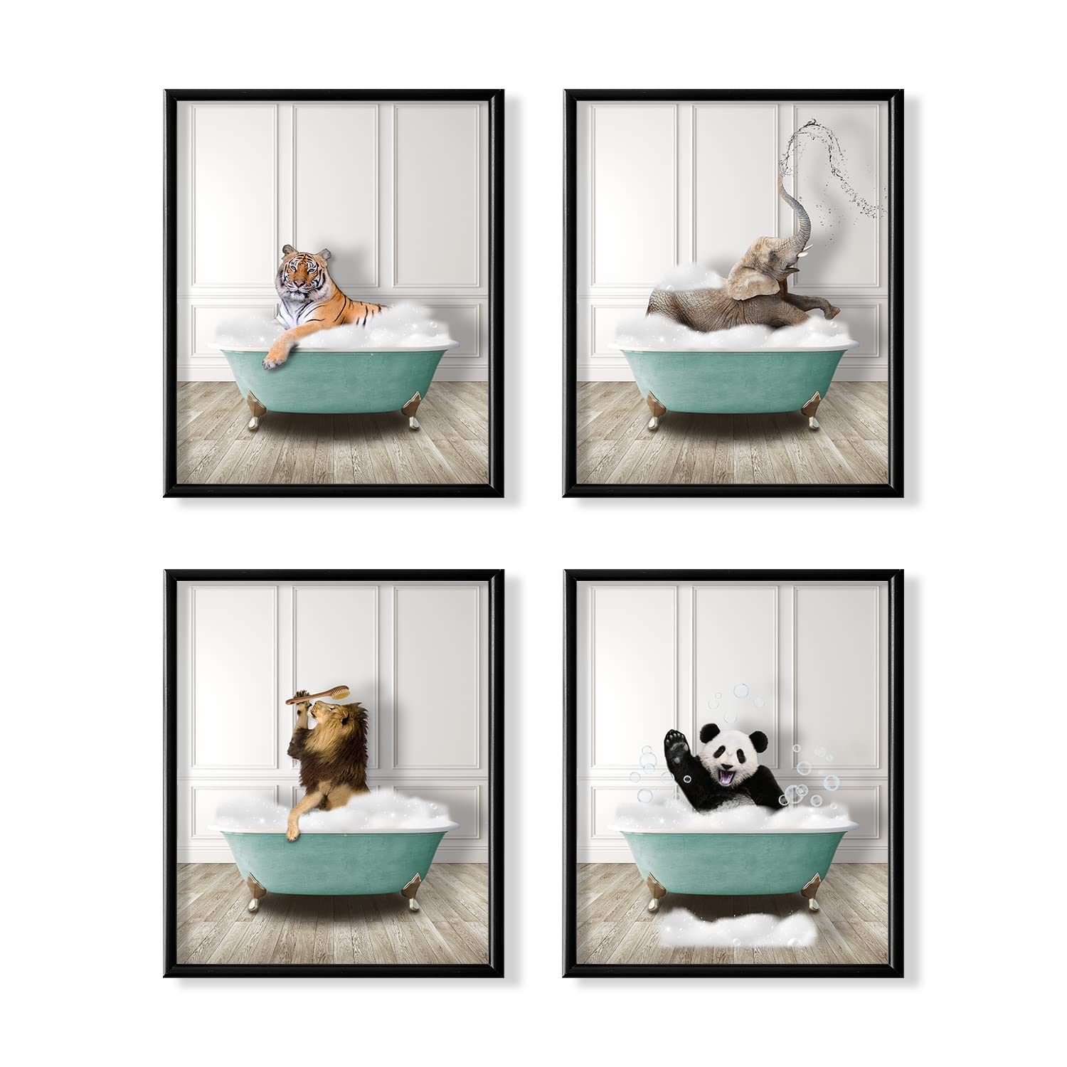 Funny Animal Wall Art for Bathroom - Elephant, Tiger, Panda & Lion Decor - Modern Powder Room Posters - Cute Bathroom Signs for Women & Kids - Unique Bath Wall Decor for Home, Nursery or Guest Bathroom