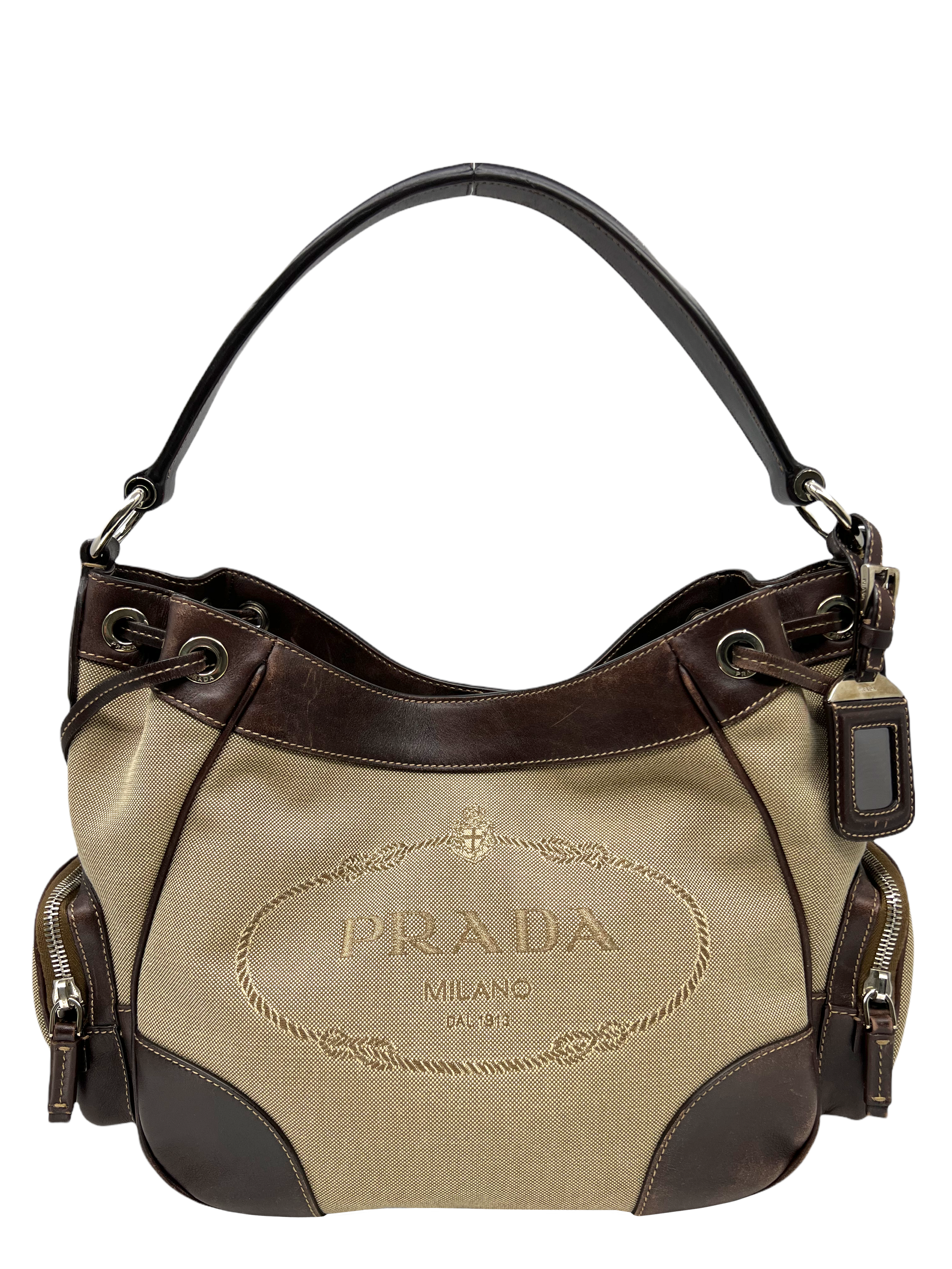 Prada Canapa Logo Side Pocket Hobo Bag - Luxury Leather Shoulder Bag for Women | Perfect for Work, Travel & Everyday Use