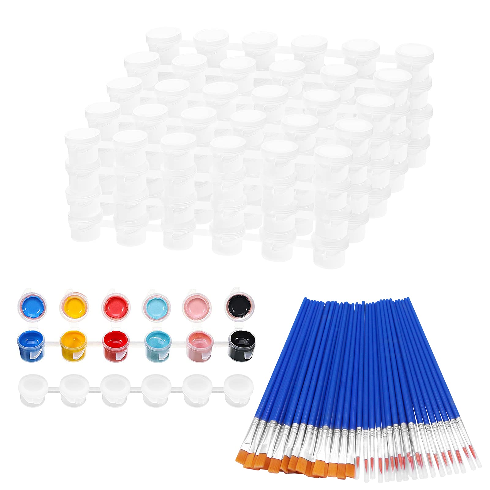 20 Strips 120 Pots Empty Paint Pots with Lids - Mini Clear Plastic Storage Containers & 40 Paint Brushes - Perfect for Art Classes, School Projects, DIY Crafts & Painting Festivals (3ml/0.1oz) - Ideal for Acrylic, Watercolor & Oil Paints Organization