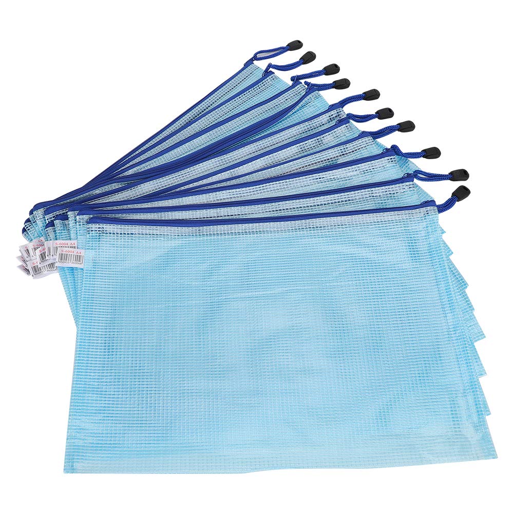 Agatige 10-Pack A4 PVC Transparent Mesh Zipper Bags - Blue File Folders for School, Office & Travel Organization | Waterproof Document Storage for Papers, Books & Supplies