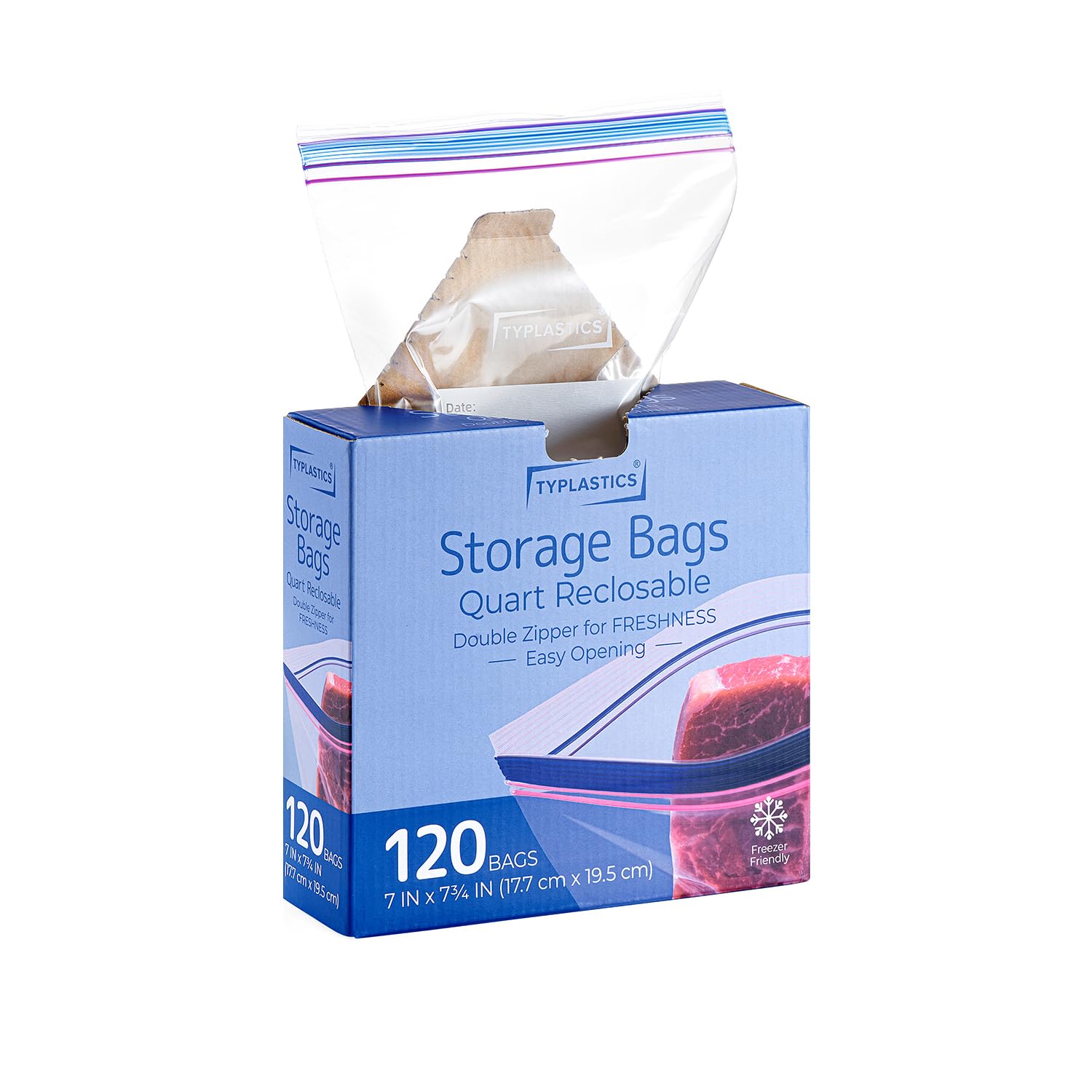 TYPLASTICS Quart Food Storage Bags - 120 Count, Double Zipper, Reclosable Freezer Bags for Meal Prep, Leftovers & Snacks | Easy Open Design | BPA-Free Plastic Storage Bags for Kitchen, Office & Travel