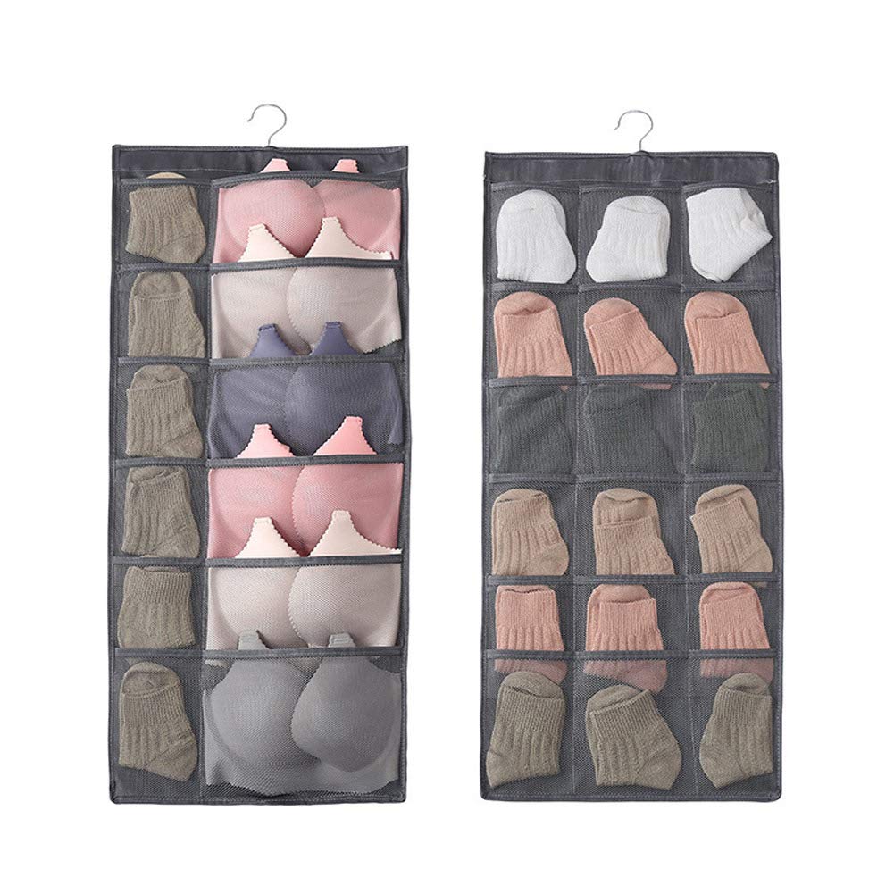 30 Mesh Pockets Hanging Closet Organizer with Metal Hanger - Dual-Sided Storage for Underwear, Socks, Bras & Stockings (Grey) | Space-Saving Wardrobe Solution for Bedroom & Closet Organization