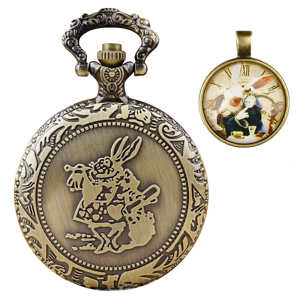Vintage Alice in Wonderland Pocket Watch - Rabbit Cartoon Theme Quartz Watch Set with Gift Box - Perfect Birthday Present for Girls | Tea Party Accessory & Fantasy Collectible