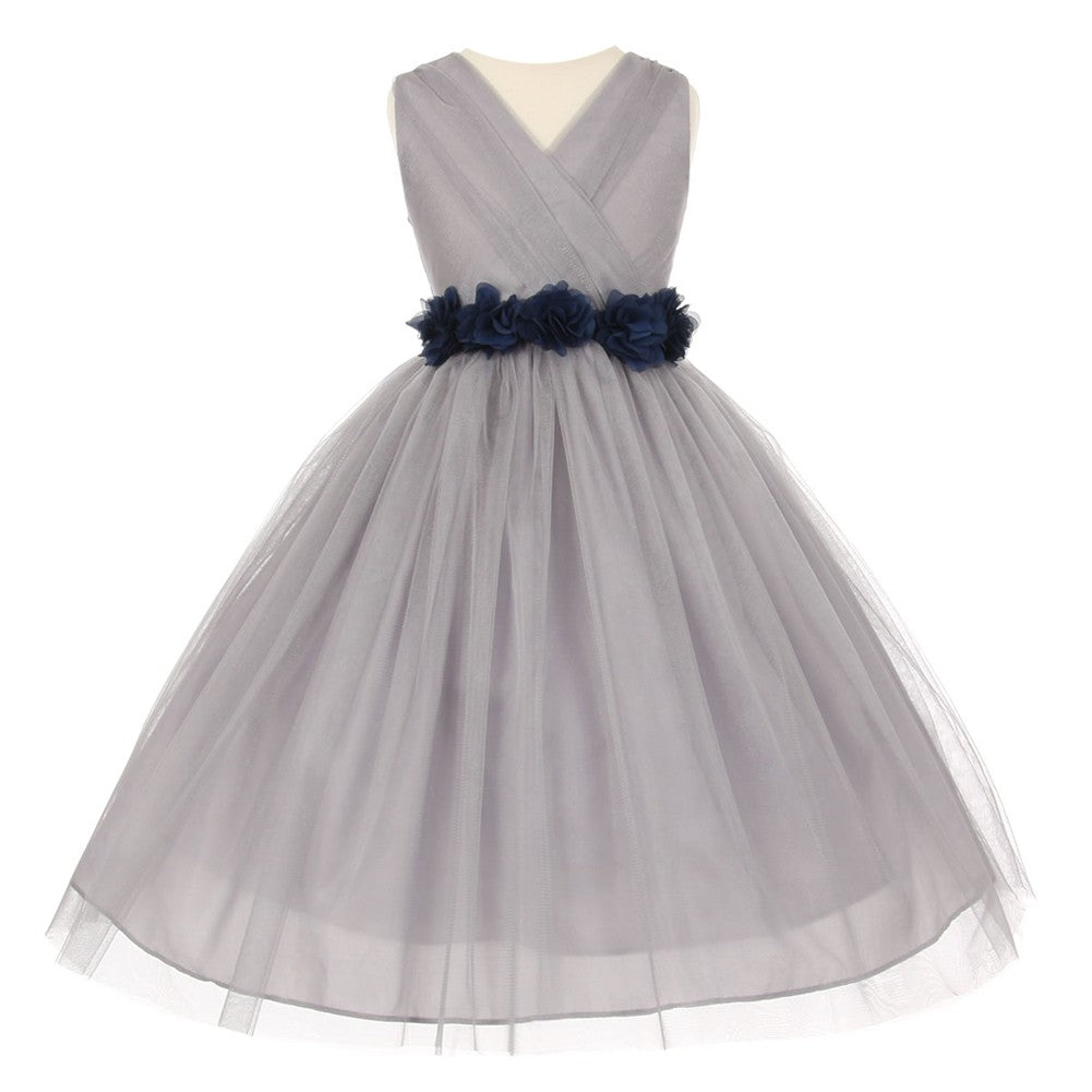 Elegant Silver Navy Chiffon Flower Tulle Junior Bridesmaid Dress for Big Girls Size 8-14 | Perfect for Weddings, Proms & Special Occasions