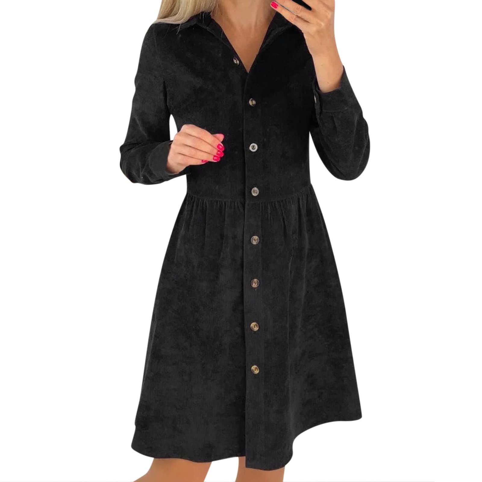 XIMIN Women's Elegant Long Sleeve Corduroy Shirt Dress - Spring Floral Print Single Breasted Casual Dress (Black, XL) for Office, Dating & Special Occasions