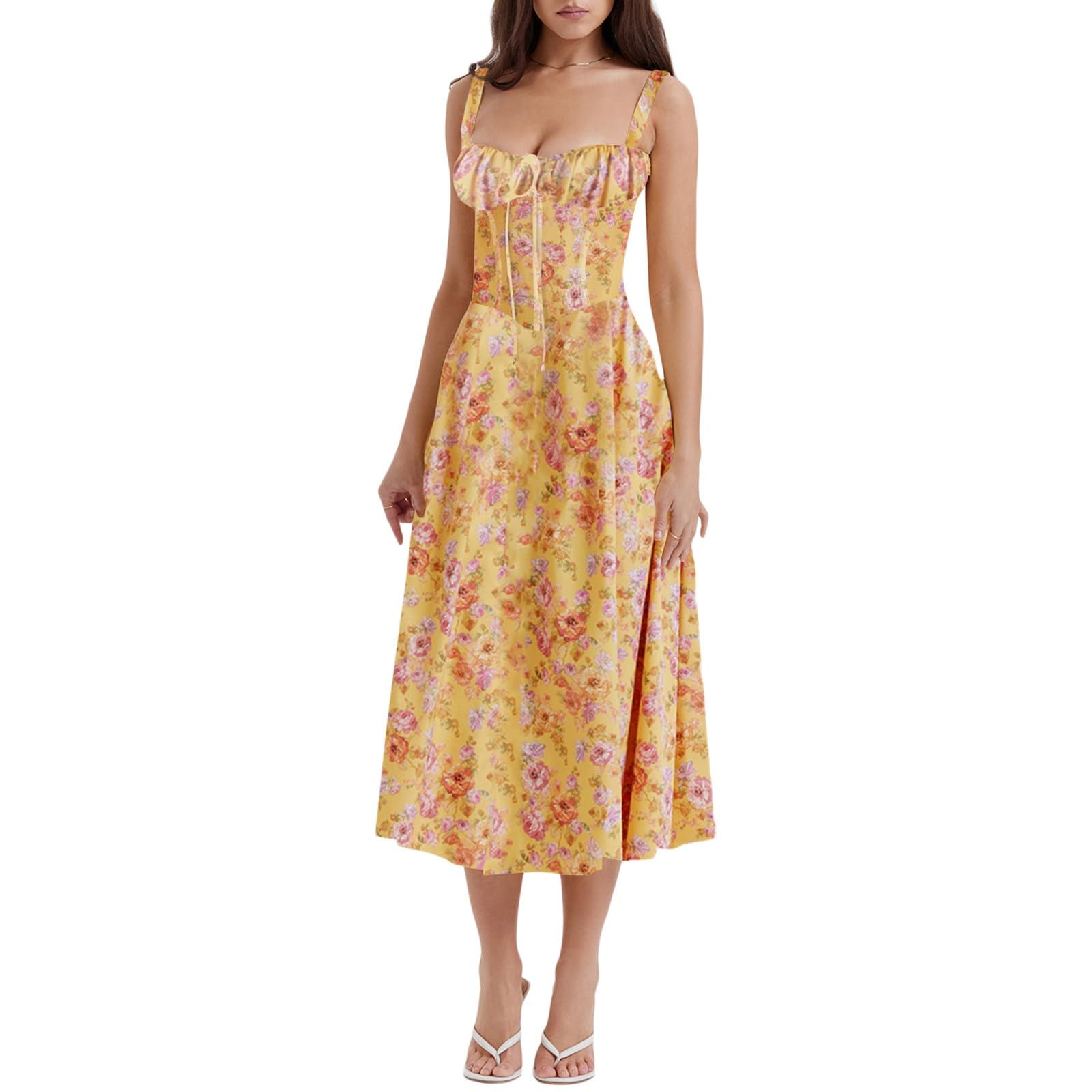 BFAFEN Women's Floral Print Spaghetti Strap Sundress - Lace-Up A-Line Cami Dress for Beach, Wedding Guest & Summer Occasions | Lightweight Breathable Milkmaid Dress for Vacation & Outdoor Events