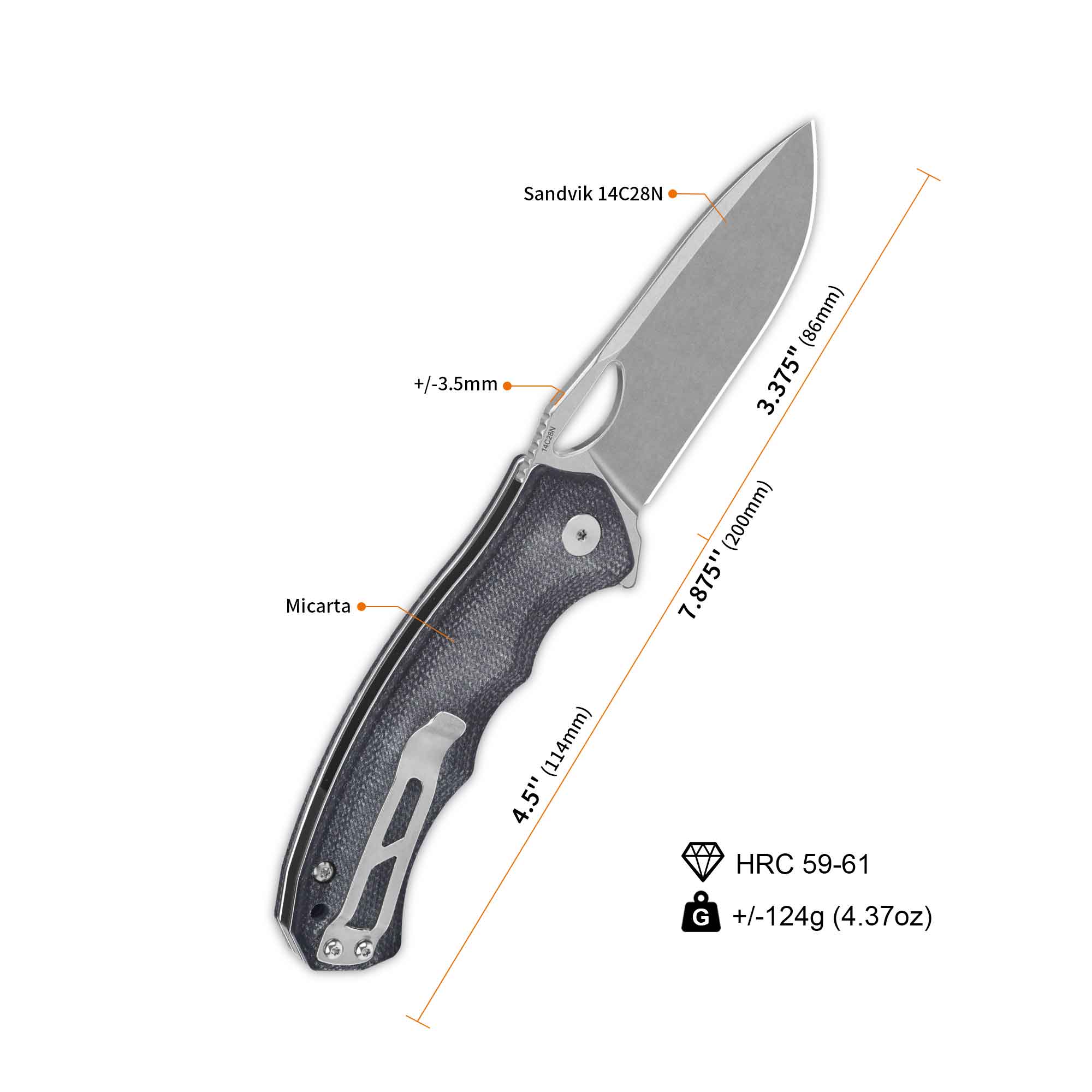 QSP Gorilla Liner Lock Folding Pocket Knife - 14C28N Stainless Steel Blade, Black Micarta Handle - EDC, Camping, Hiking & Outdoor Survival Tool