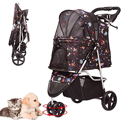 HRKIM Foldable Lightweight Pet Stroller for Dogs & Cats - Jogging Stroller with Storage Basket & Wheels | Perfect for Park Walks, Vet Visits & Outdoor Adventures (Earth Tone)