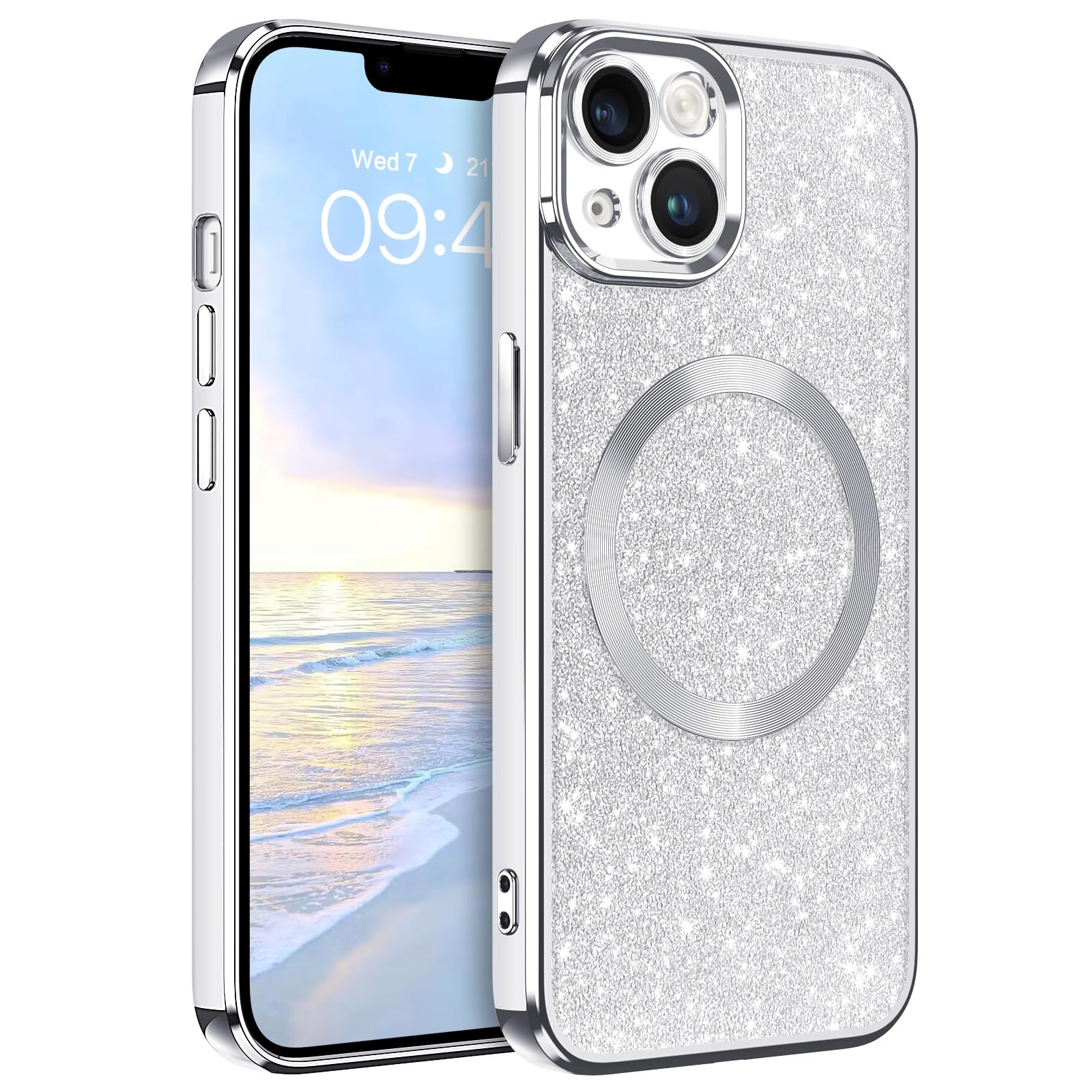 VENINGO Cute Glitter Luxury Bling Magsafe Shockproof iPhone 14 Plus Case - Full Body Protection with Camera Cover, Silver | Perfect for Women & Girls | Everyday Use, Work, Travel & Special Occasions