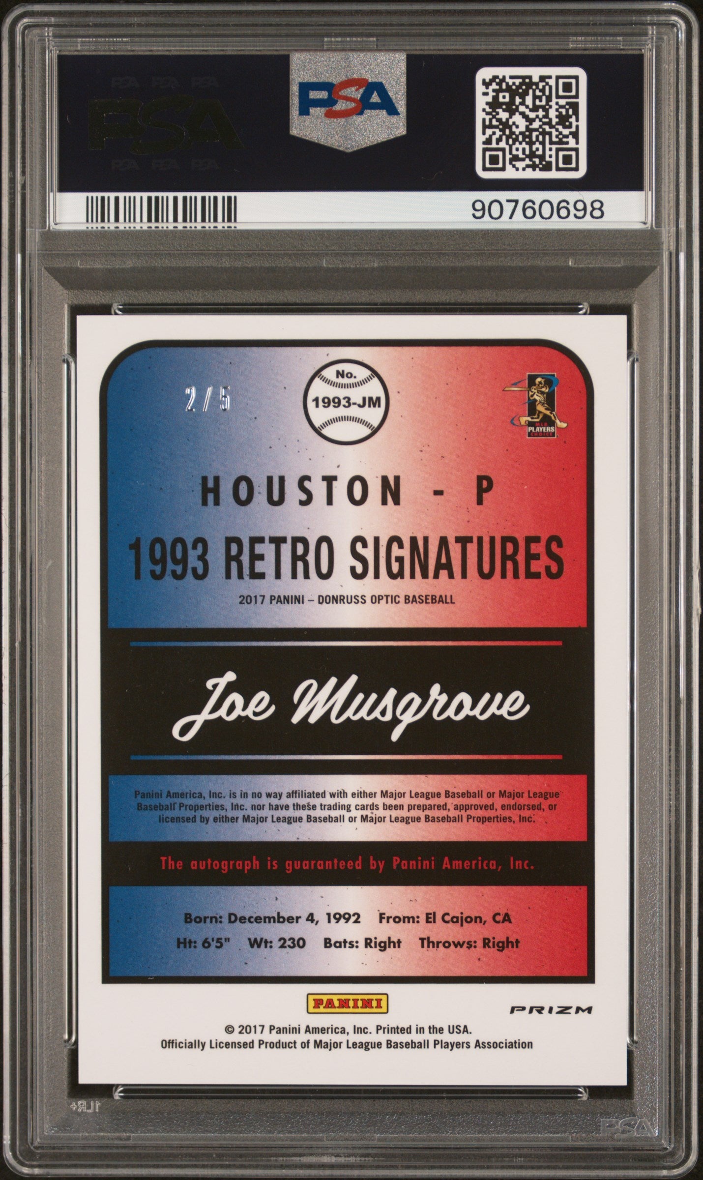 2017 Donruss Optic Retro Autograph Joe Musgrove Carolina Blue /5 Rookie Card #JM PSA 9 Mint - Rare Collectible for Baseball Card Enthusiasts & Sports Memorabilia Display