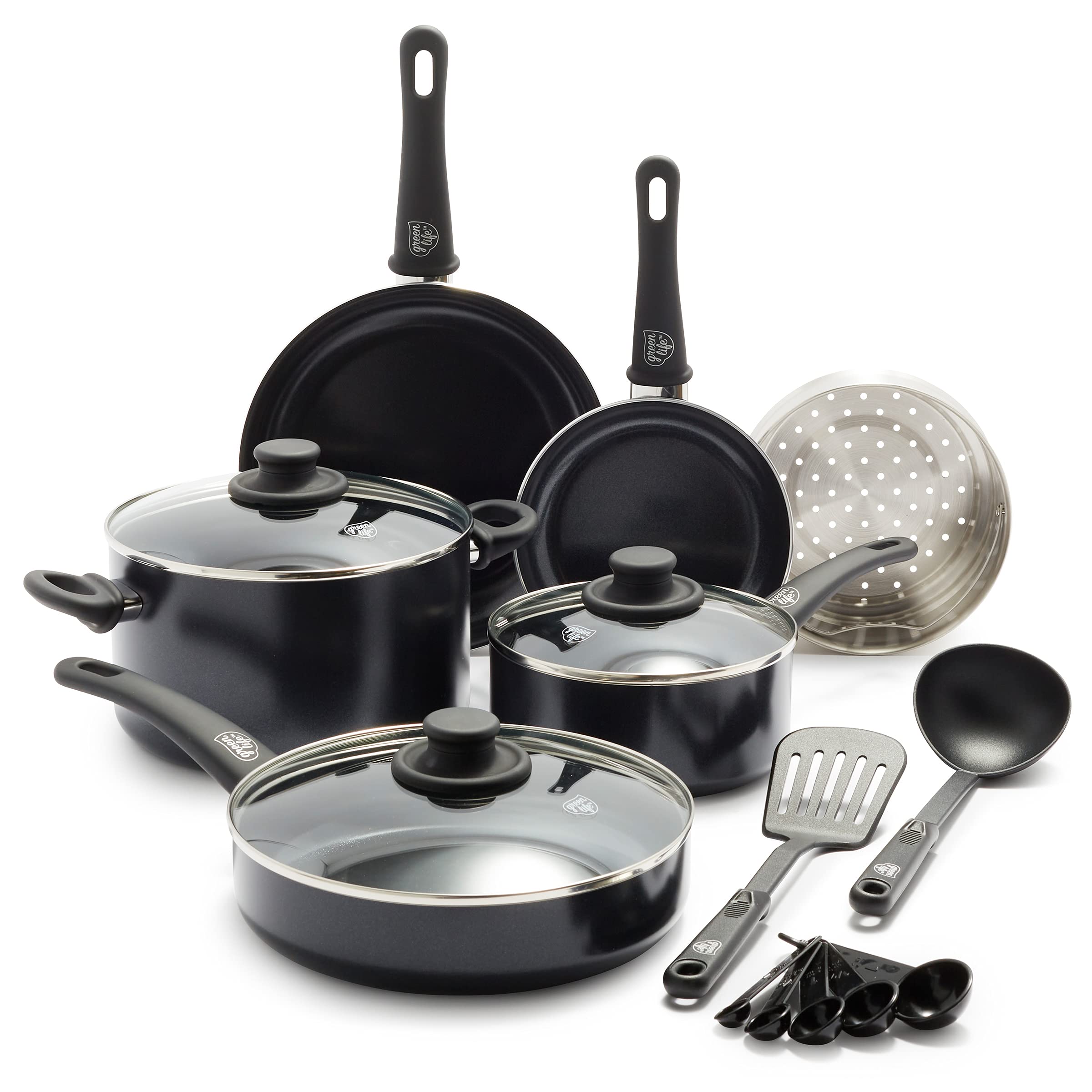GreenLife Soft Grip Healthy Ceramic Nonstick 12-Piece Cookware Set - PFAS-Free Pots, Pans & Kitchen Utensils with Lids, Dishwasher Safe, Black | Perfect for Sauteing, Frying & Everyday Cooking