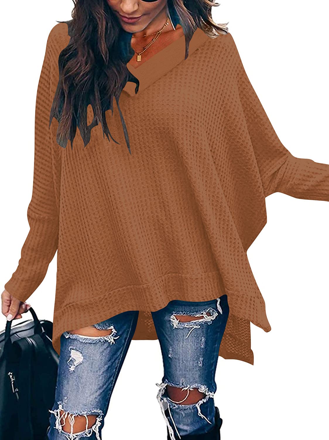 ANRABESS Women's Oversized Crewneck Sweater - Long Batwing Sleeve Waffle Knit Pullover Top with Split Hem | Casual Loose Fit Tunic for Fall Winter Layering, Coffee Dates & Cozy Home Wear