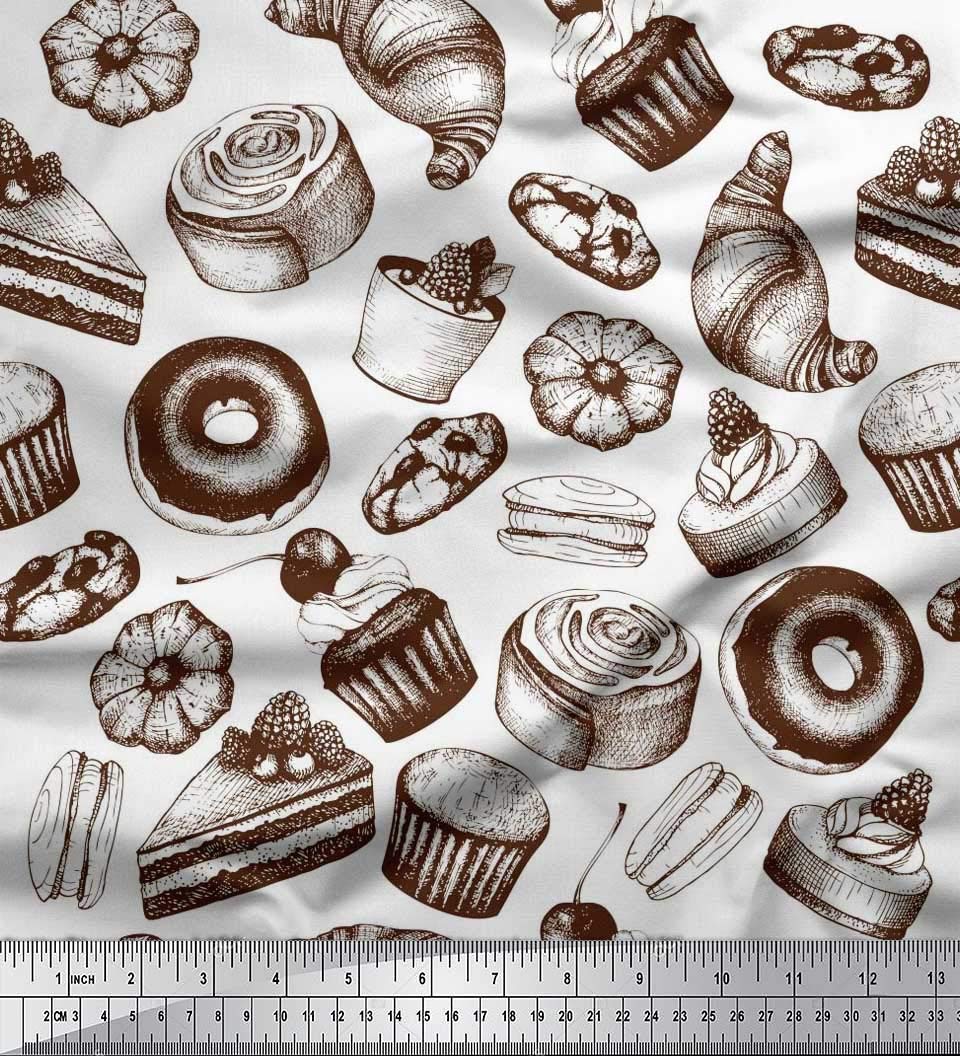 **Soimoi Polyester Crepe White Fabric by the Yard - 42 Inch Wide - Cupcake, Donut & Cookies Food Print - Whimsical Printed Fabric for DIY Crafts, Quilting, and Home Decor**