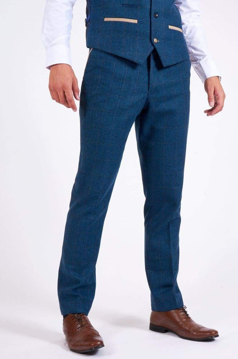 Marc Darcy Dion Men's Blue Check Tweed Trousers | Classic Slim Fit Dress Pants for Business & Formal Occasions | Office Wear & Wedding Attire