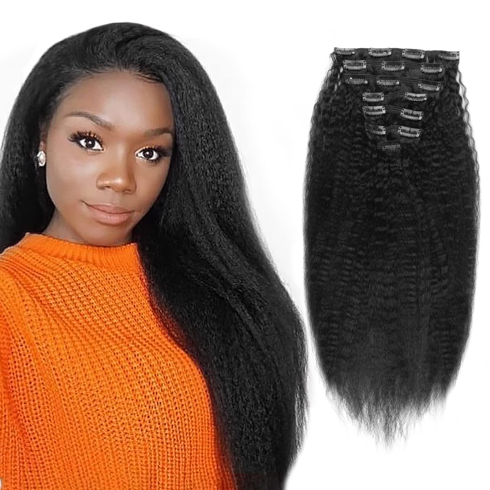 Sixstarhair Clip-in Hair Extensions - 100% Real Human Virgin Brazilian Hair, Kinky Straight, 12 Inch, 7 Pieces with 17 Clips, Double Weft, 120g - Perfect for Black Women & Natural Hairstyles | Great for Daily Wear, Parties & Special Occasions