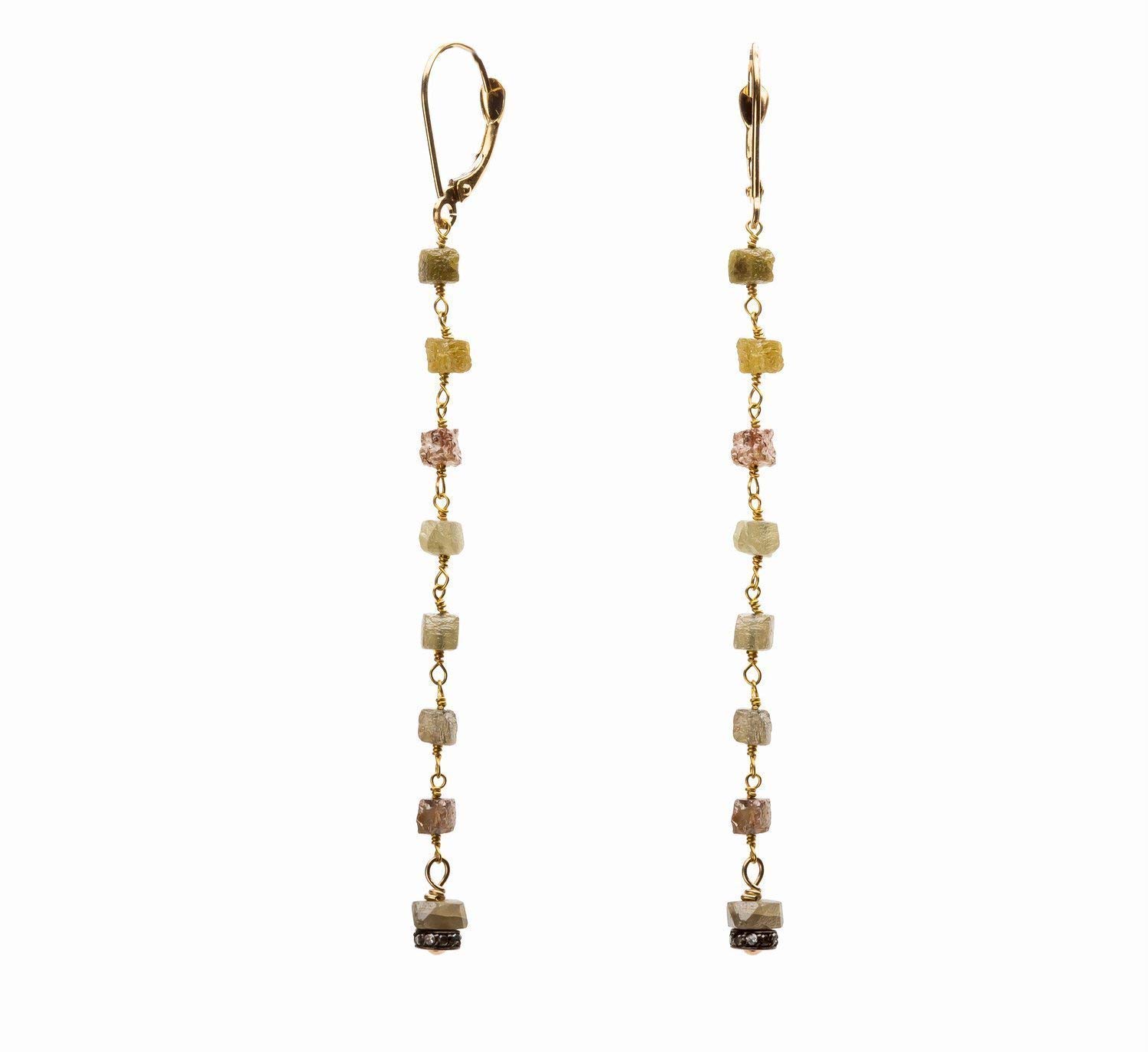 18K Gold Raw Diamond Cube Long Thin Statement Earrings - April Birthstone Jewelry - 2.8 Inch Drop Length - Perfect for Weddings, Parties & Special Occasions