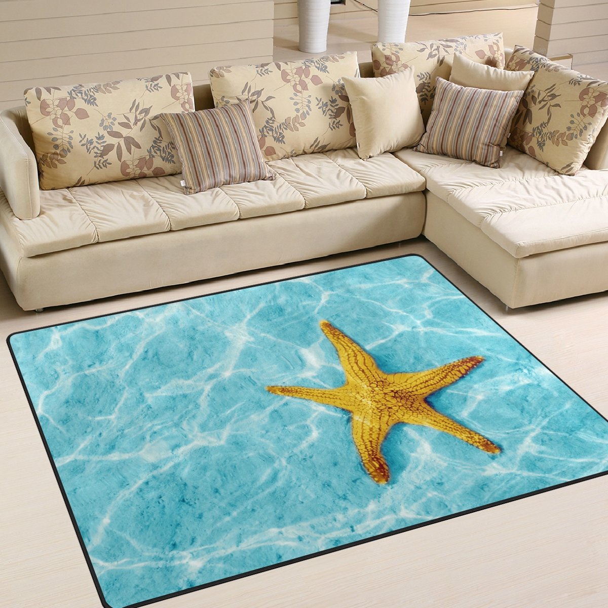 ALAZA Blue Water Starfish Summer Area Rug 7' x 5' - Soft Non-Slip Living Room & Bedroom Carpet - Perfect for Beach House Decor, Coastal Theme Rooms & Vacation Home Style