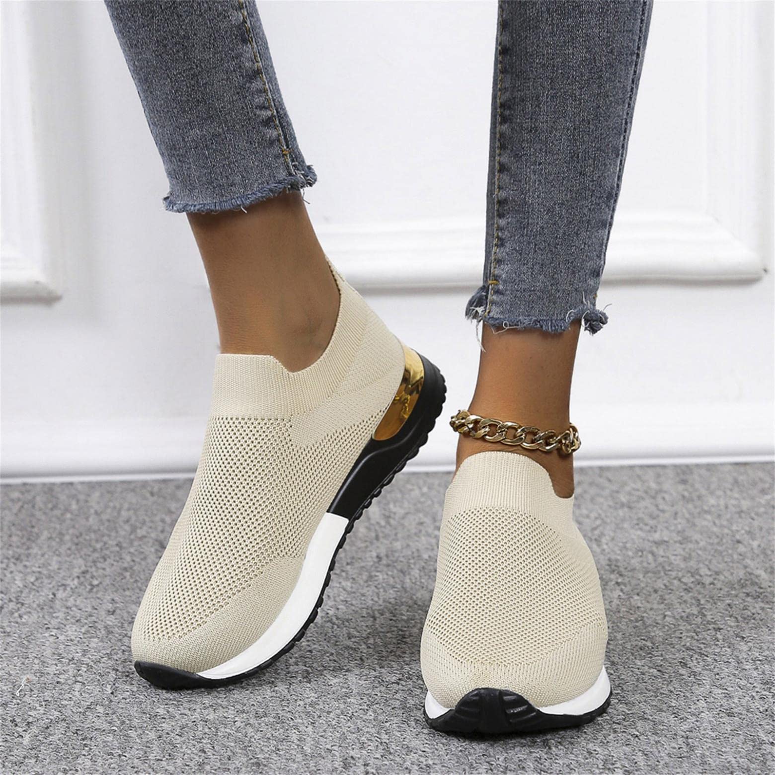Owlkay Women's Elastic Slip-On Flat Shoes - 2022 New Arch Support Orthopedic Sneakers with Non-Slip Sole | Comfortable Walking Shoes for Work, Travel & Daily Wear
