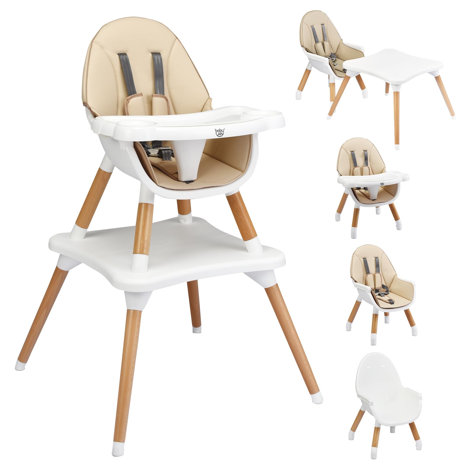 Baby Joy 5-in-1 Convertible High Chair for Babies & Toddlers - Wooden Booster Seat with 5-Point Harness, 4-Position Removable Tray & PU Cushion - Multi-Functional Dining Chair & Table Set (Khaki) - Perfect for Home, Restaurant & Travel Use