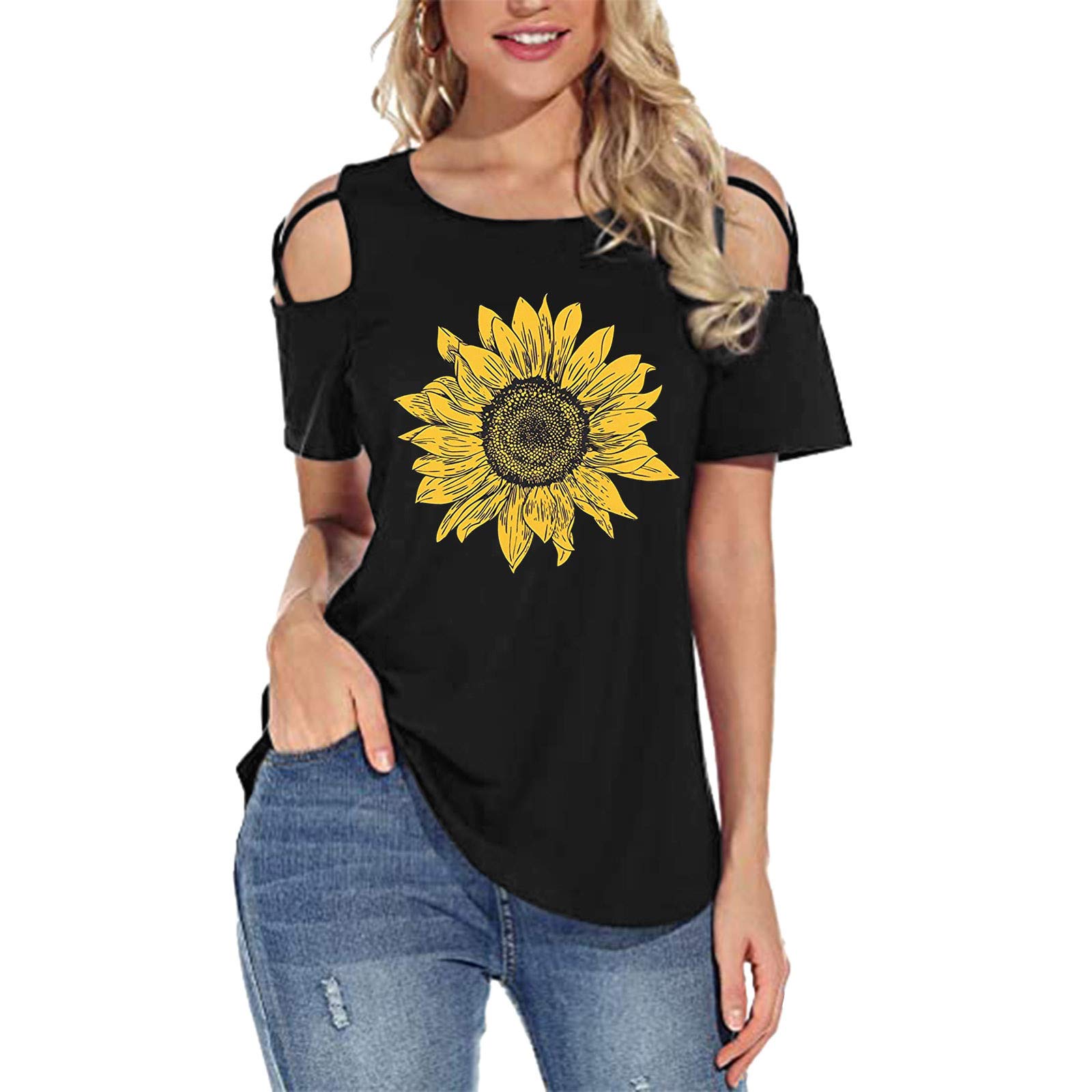Qisemi Women's Short Sleeve Graphic Tunic T-Shirt - Sunflower Printed Casual Summer Blouse in Black | Perfect for Beach Outings, Picnics & Everyday Wear