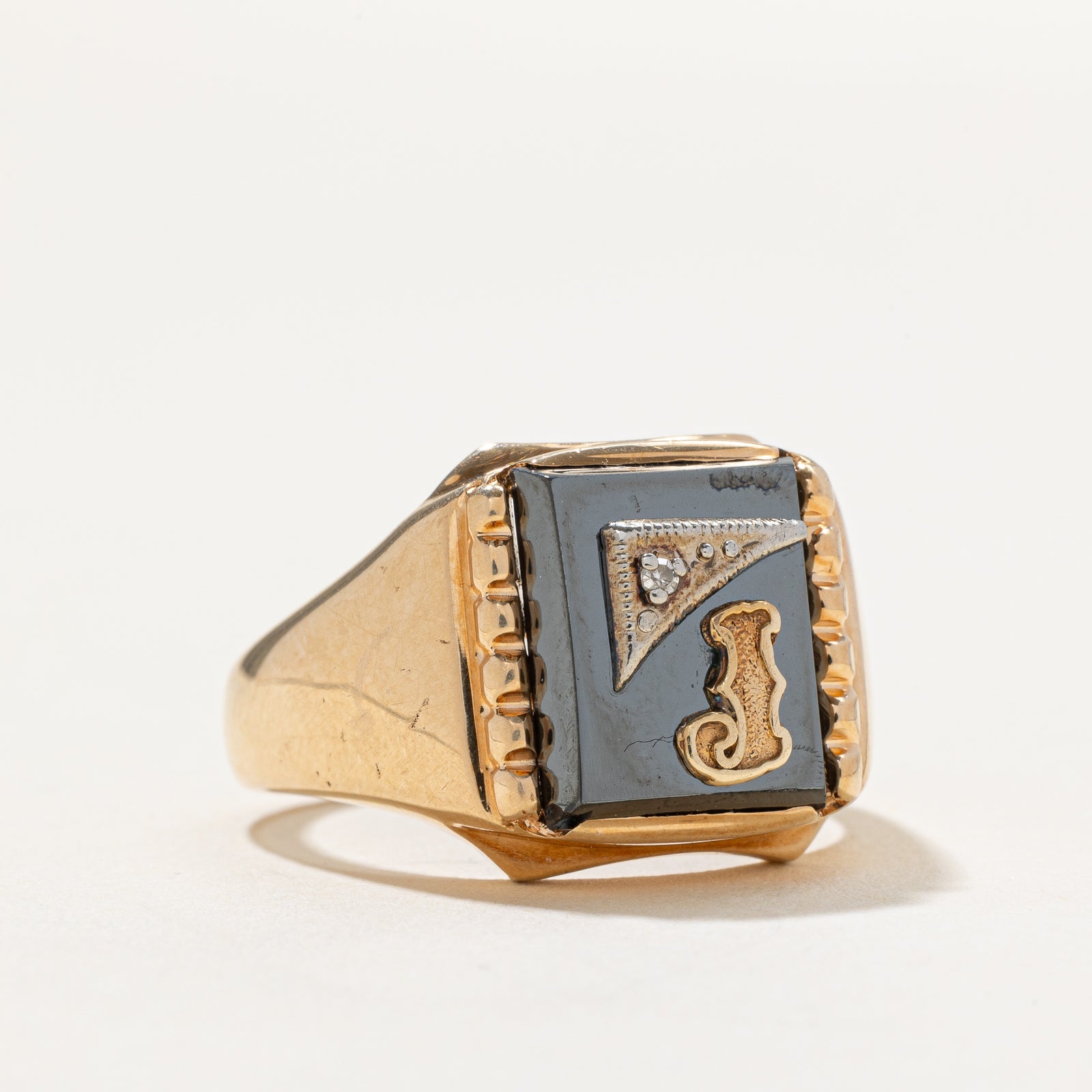 Hematite and Diamond 'J' Initial Signet Ring - 5.00ctw Gemstone, 0.01ct Diamond, Size 9 - Elegant Jewelry for Women, Perfect Gift for Birthday, Anniversary, or Special Occasion