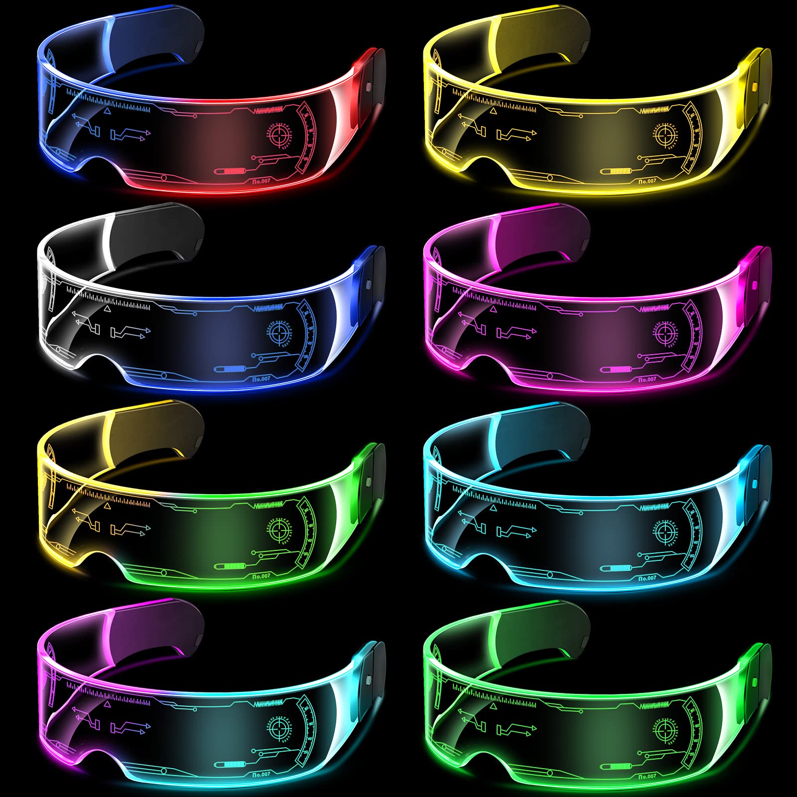 8 Pcs LED Visor Glasses - 5 Modes & 7 Colors, Futuristic Light Up Glasses with Luminous Flashing Glow for Dark Environments - Perfect for Cosplay, Bar, Club, Party, Concert, DJ Events & Birthday Celebrations
