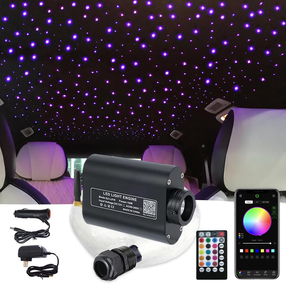16W Fiber Optic Star Ceiling Light Kit - 360pcs 0.03in 9.8ft Bluetooth RGBW LED Fiber Optic Lights with APP/Remote Control & Sound Activation | Perfect for Car Headliner, Home Theater, Bedroom & Party Decoration