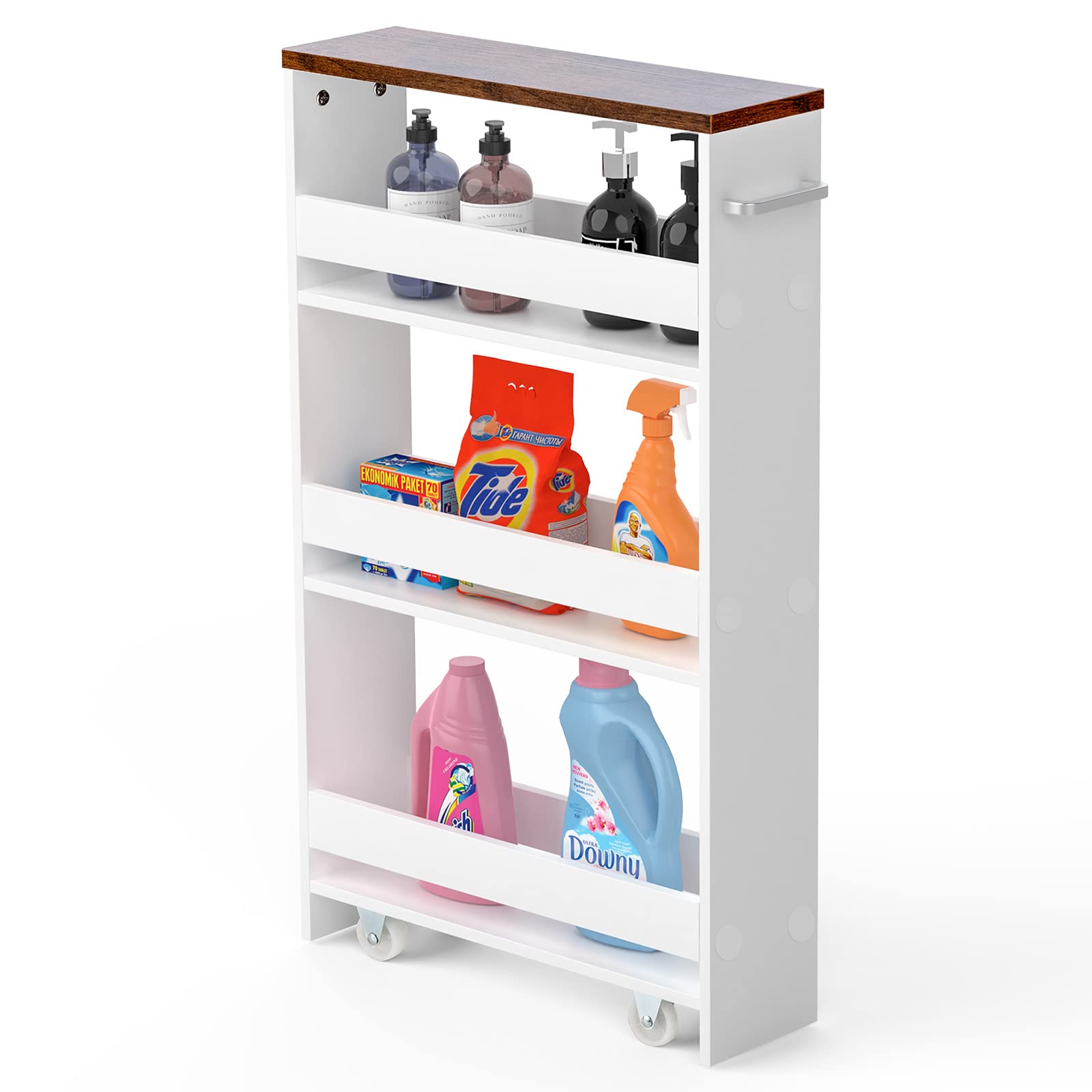 4 Tier Slim Rolling Kitchen Storage Cart with Handle & Wheels - Mobile Organizer for Kitchen, Bathroom, Laundry Room - Space Saving Solution for Small Spaces (White/Brown) - Perfect for Apartments, Dorms & Narrow Areas