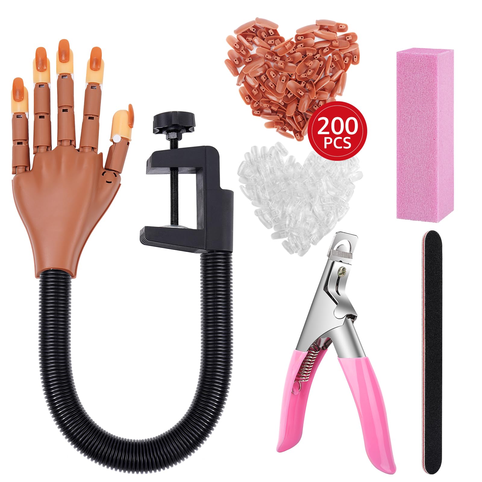 Professional Acrylic Nail Practice Hand - Flexible Mannequin Hand for Nail Art Training with 200 Fake Nail Tips - Perfect for Beginners & Nail Technicians to Practice Gel, Acrylic & Nail Extension Techniques at Home or Salon