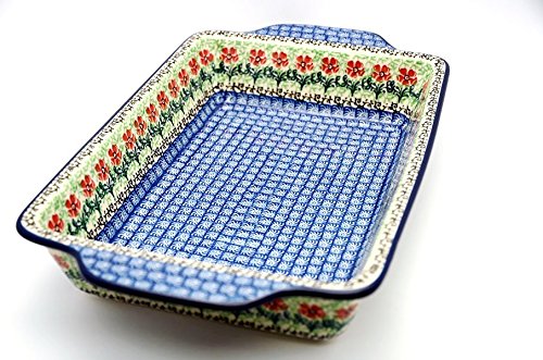 Authentic Polish Pottery Rectangular Baker with Tab Handles - 7 Cup Capacity - Maraschino Design - Perfect for Casseroles, Lasagna & Holiday Baking