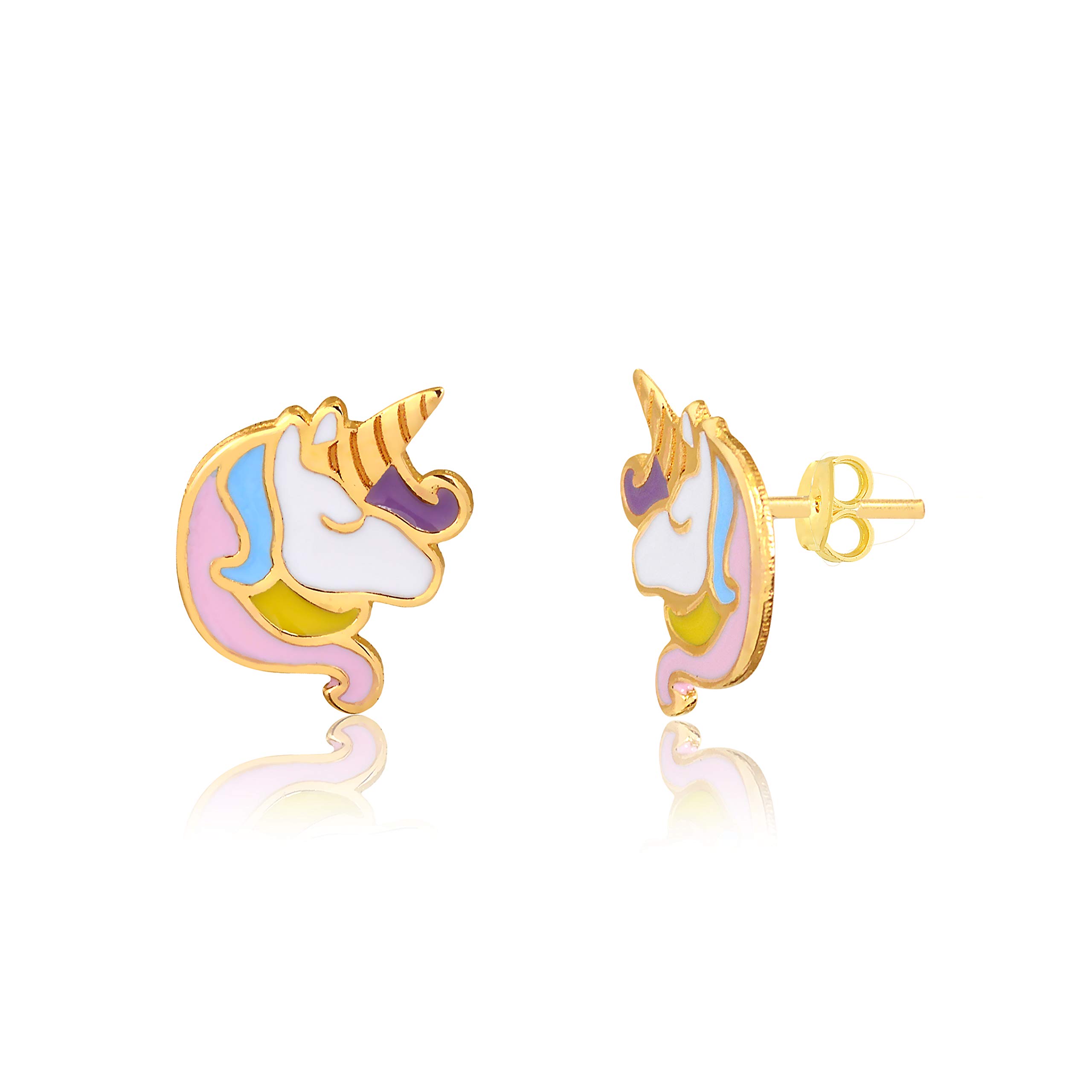 18K Solid Yellow Gold Enamel Unicorn Butterfly Stud Earrings for Girls & Toddlers | Cute Kids Jewelry Gift for Birthday, Christmas & Special Occasions