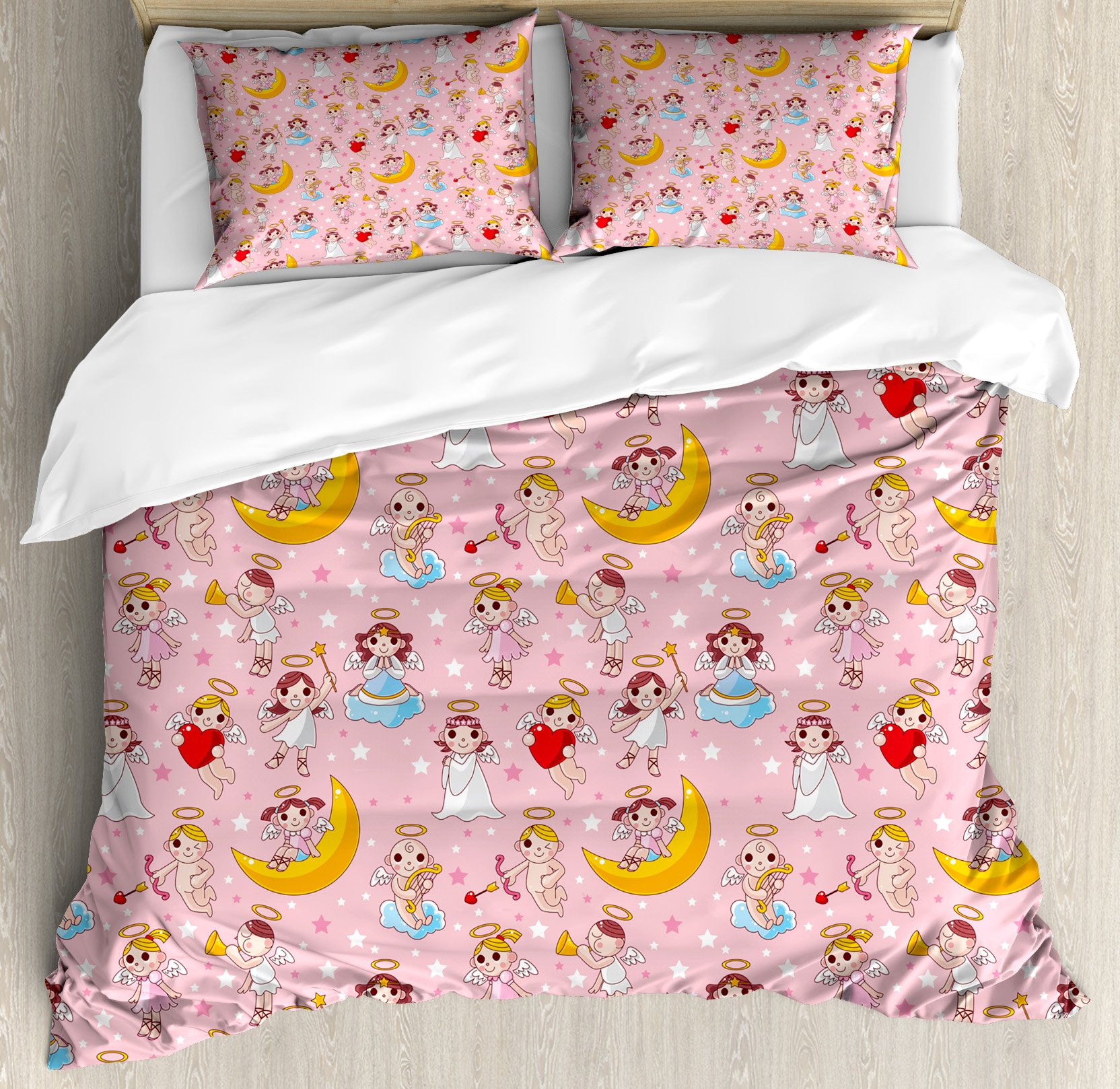 Ambesonne Angel Duvet Cover Set 3-Piece - Fairies Playing Music Supernatural Theme Queen Size Bedding in Earth Yellow & Pale Pink - Perfect for Kids' Rooms, Fantasy Themed Bedrooms & Gift Giving