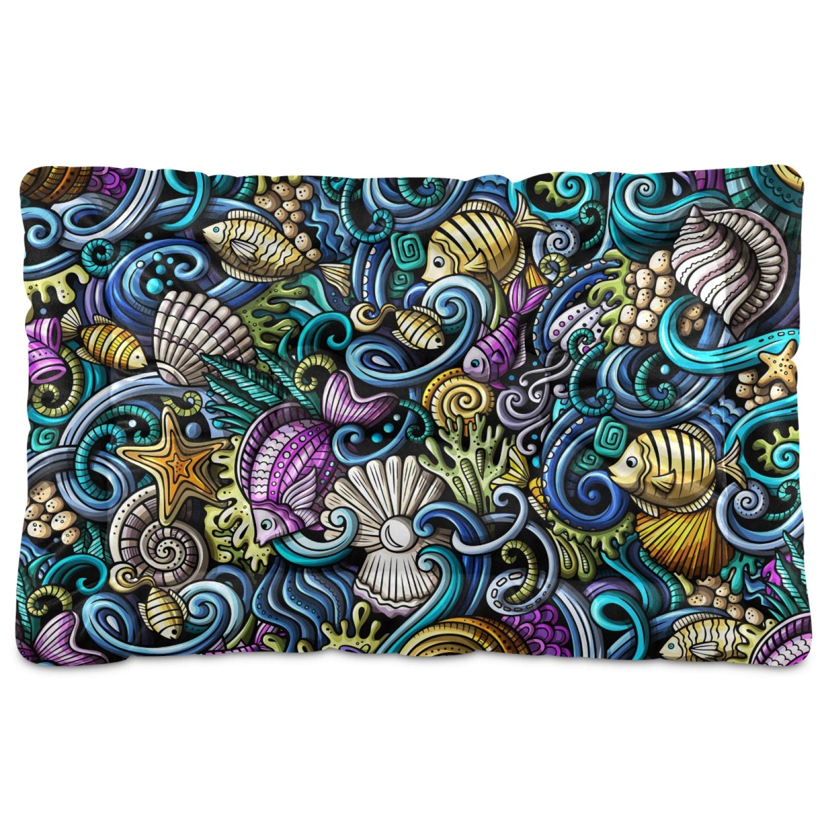 Ocean Theme Washable Dog Bed - Fish Pattern Crate Mat Mattress for Large, Medium & Small Puppies - 24x18 Inches - Perfect for Home, Travel & Kennel Use - 21000834