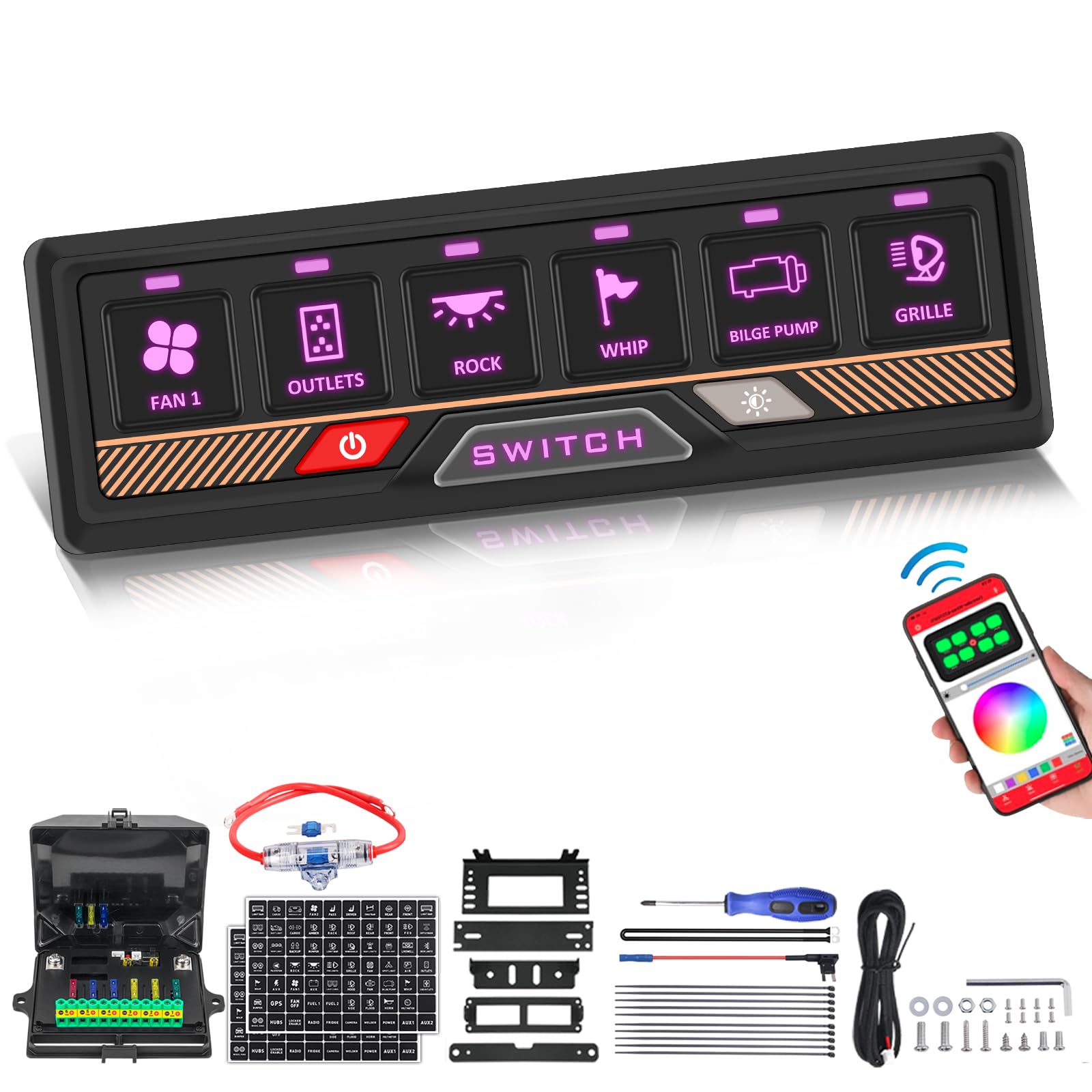 6 Gang RGB Switch Panel with APP & Bluetooth Control - Waterproof Aluminum Remote Switch Panel for RV, Car, UTV, Truck & Trailer - Perfect for Off-Road Adventures & Marine Applications