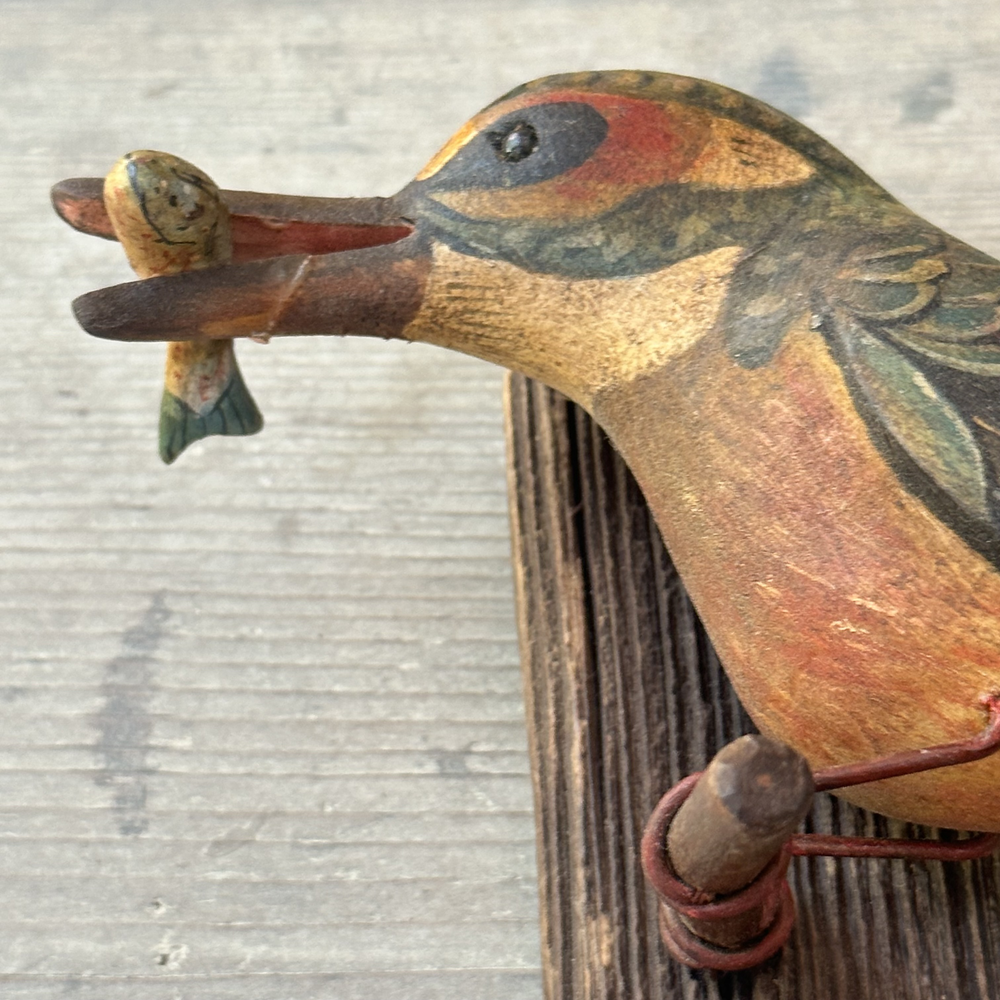 Handmade Black Forest Wooden Carved Bird with Fish Figurine (#537) - Unique Home Decor, Gift for Bird Lovers, Perfect for Shelf Display & Nature-Themed Interior Design