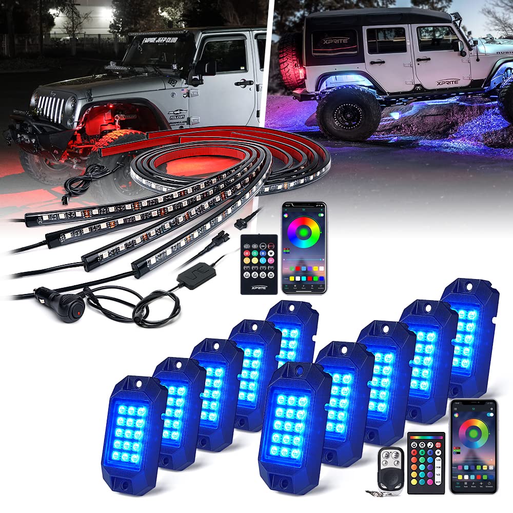 Car Underglow Bluetooth Lights Kit & RGB Rock Lights Kit Bundle - Customizable LED Neon Glow for Cars, Trucks, SUVs - Perfect for Night Driving, Car Shows & Off-Road Adventures