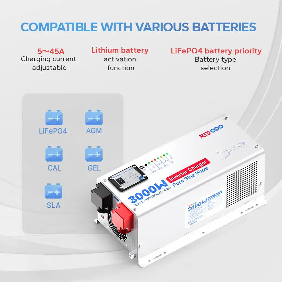 Redodo 3000W Pure Sine Wave Power Inverter with Built-in Charger - Perfect for RVs, Camping, Boats & Off-Grid Power Supply