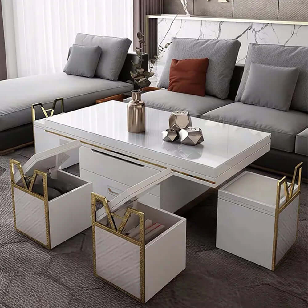 Modern White Lift-Top Coffee Table Set with Storage & Stools - Extendable Accent Table for Living Room, Small Space & Home Office