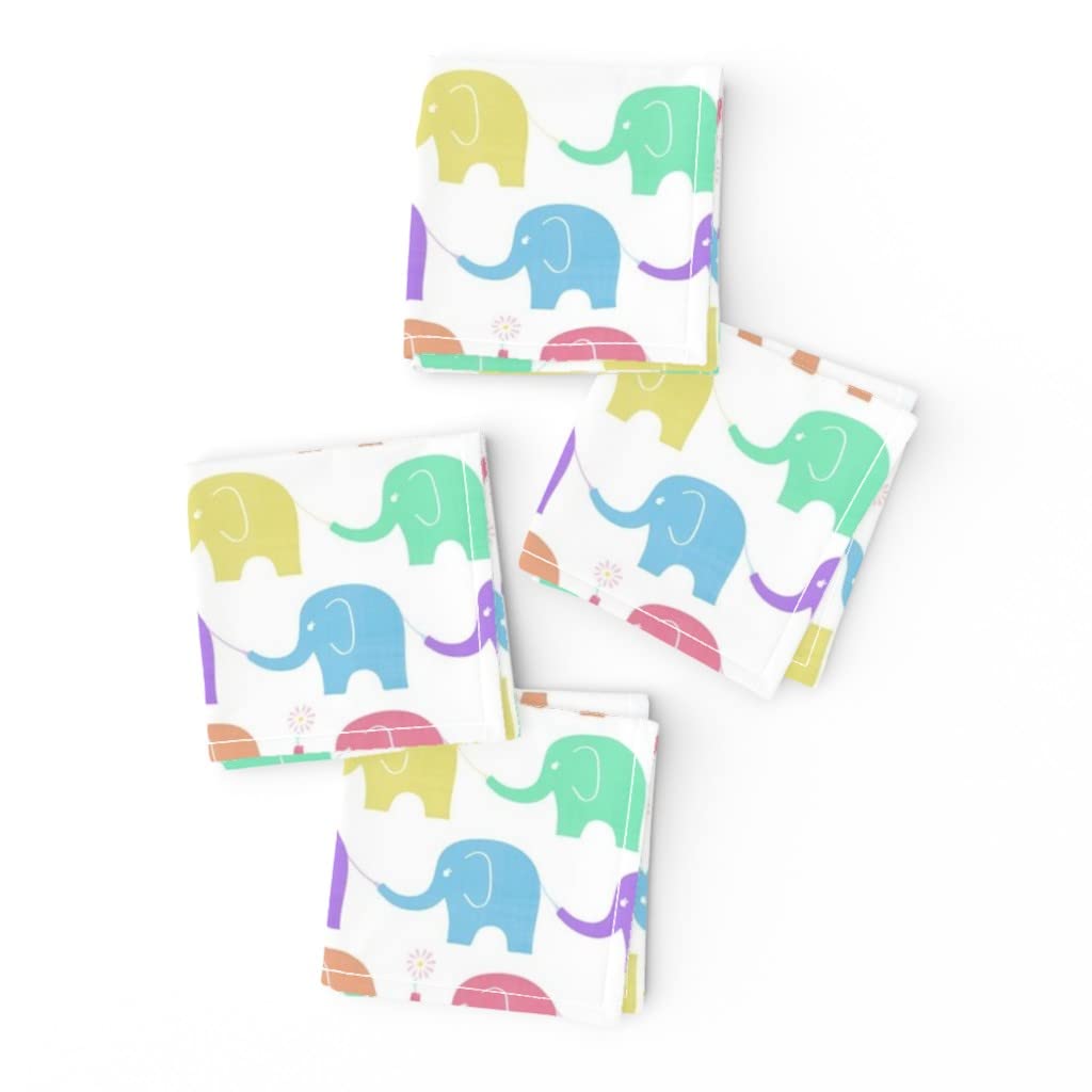 Premium Linen Cotton Canvas Cocktail Napkins Set of 4 - Elephant Fiesta Gender Neutral Nursery Design, Whimsical Modern Animal Print | Perfect for Baby Showers, Bridal Parties & Home Decor