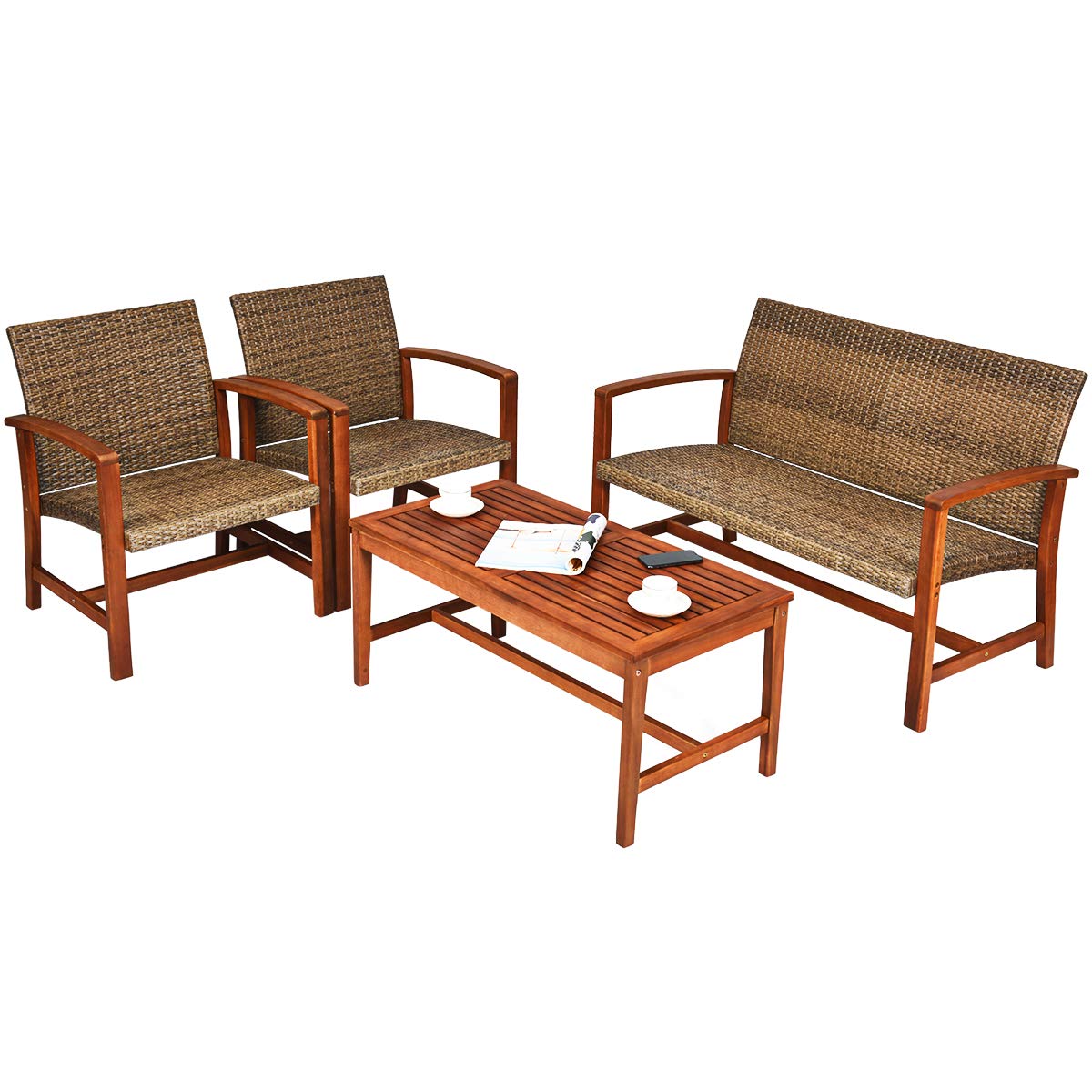Tangkula 4-Piece Acacia Wood Patio Conversation Set - Outdoor Wicker Sofa with Coffee Table, Brown - Perfect for Garden, Backyard, Poolside & Porch Relaxation