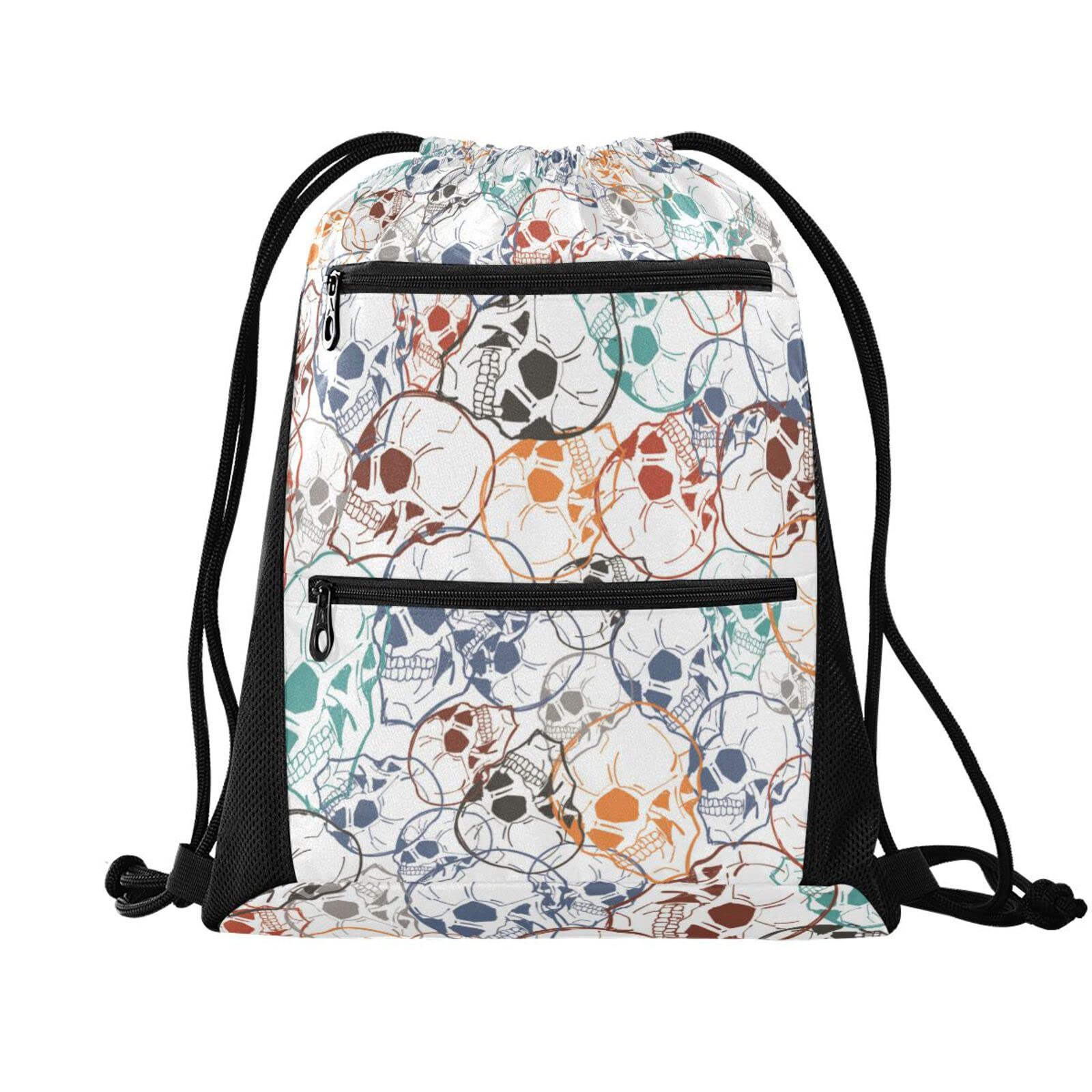 Skull Print Drawstring Backpack for Women & Men - Lightweight Mesh Gym Sack with Adjustable Strings - Perfect for Sports, Yoga, Workout & Halloween Costume Accessory - One Size Fits All