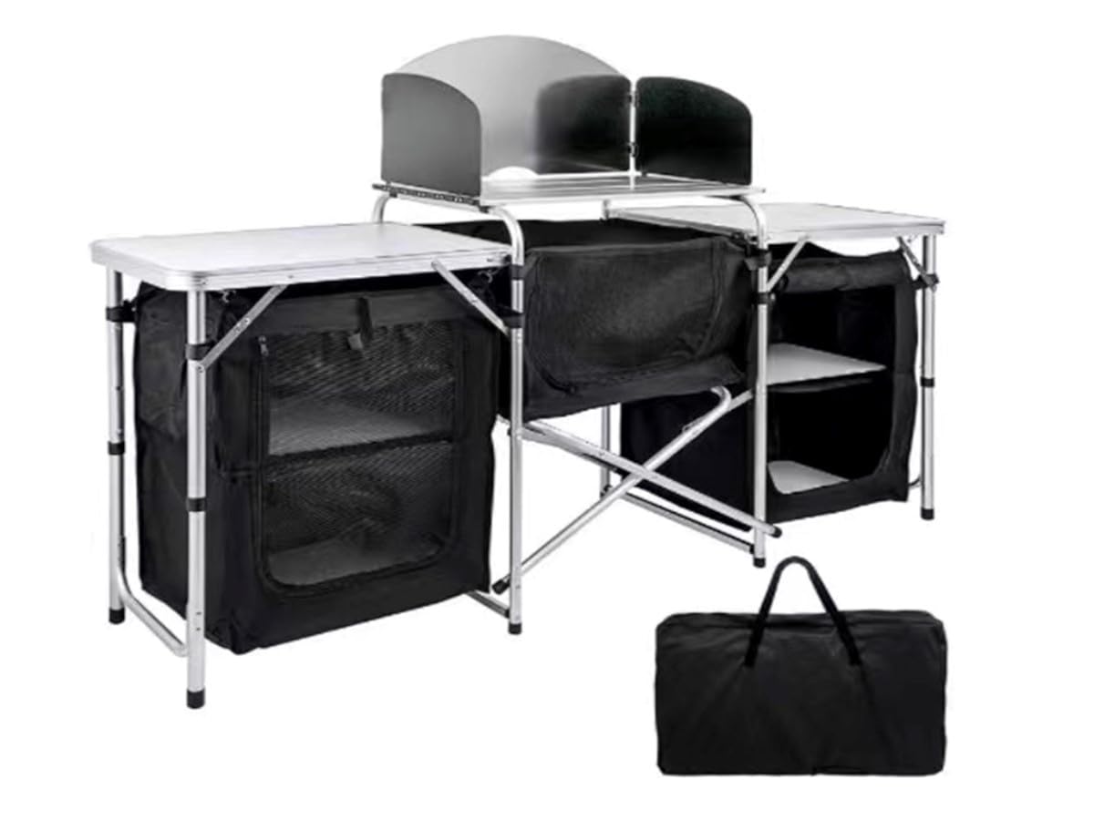 6 Inch Aluminum Portable Fold-Up Camping Kitchen with Windscreen & 5 Cupboards - Compact Outdoor Cook Station for BBQ, Picnic, RV, Backyard & Tailgating | Perfect for Camping, Hiking & Outdoor Adventures
