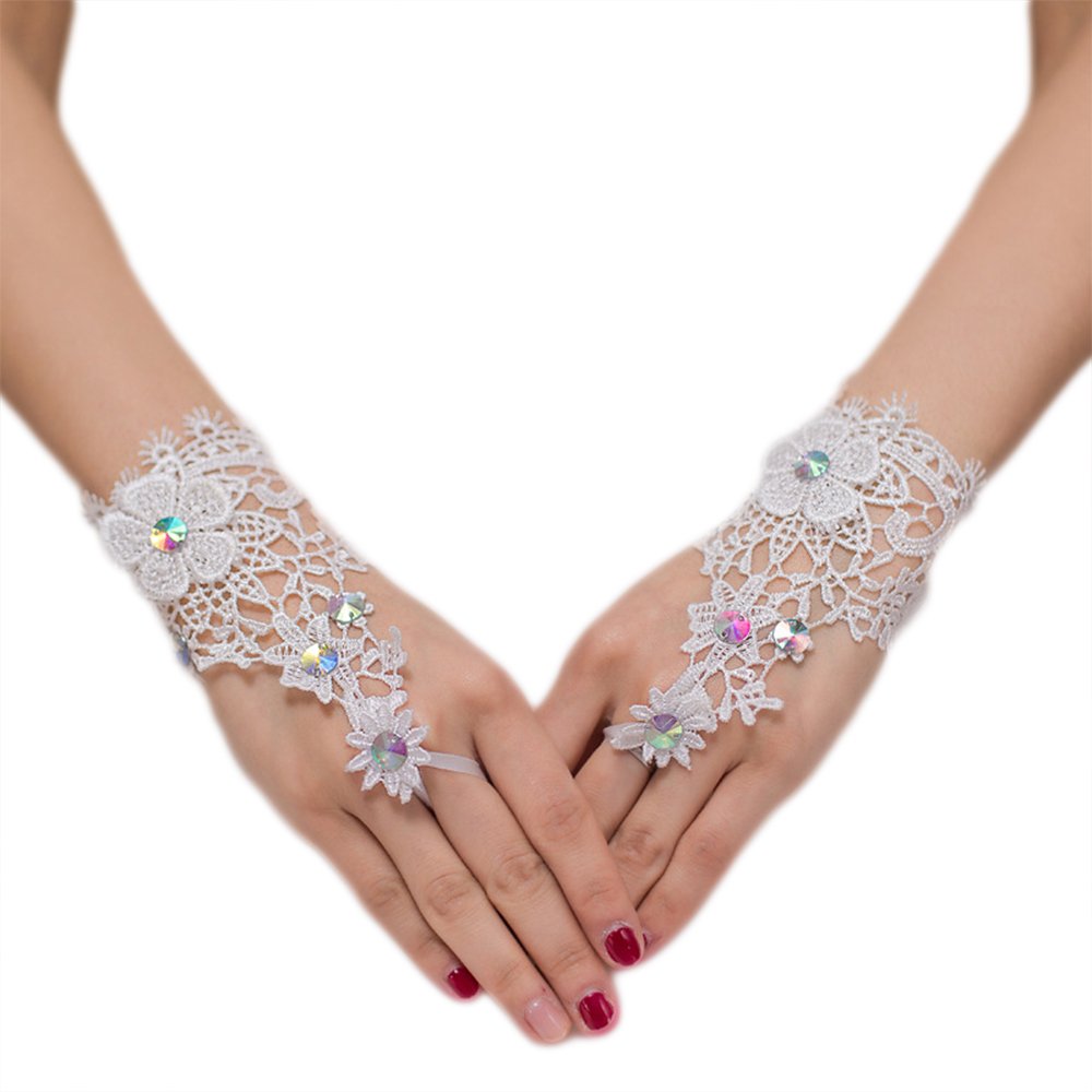 Crystal Wedding Gloves Fingerless Lace Wrist - Bride & Party Elegance