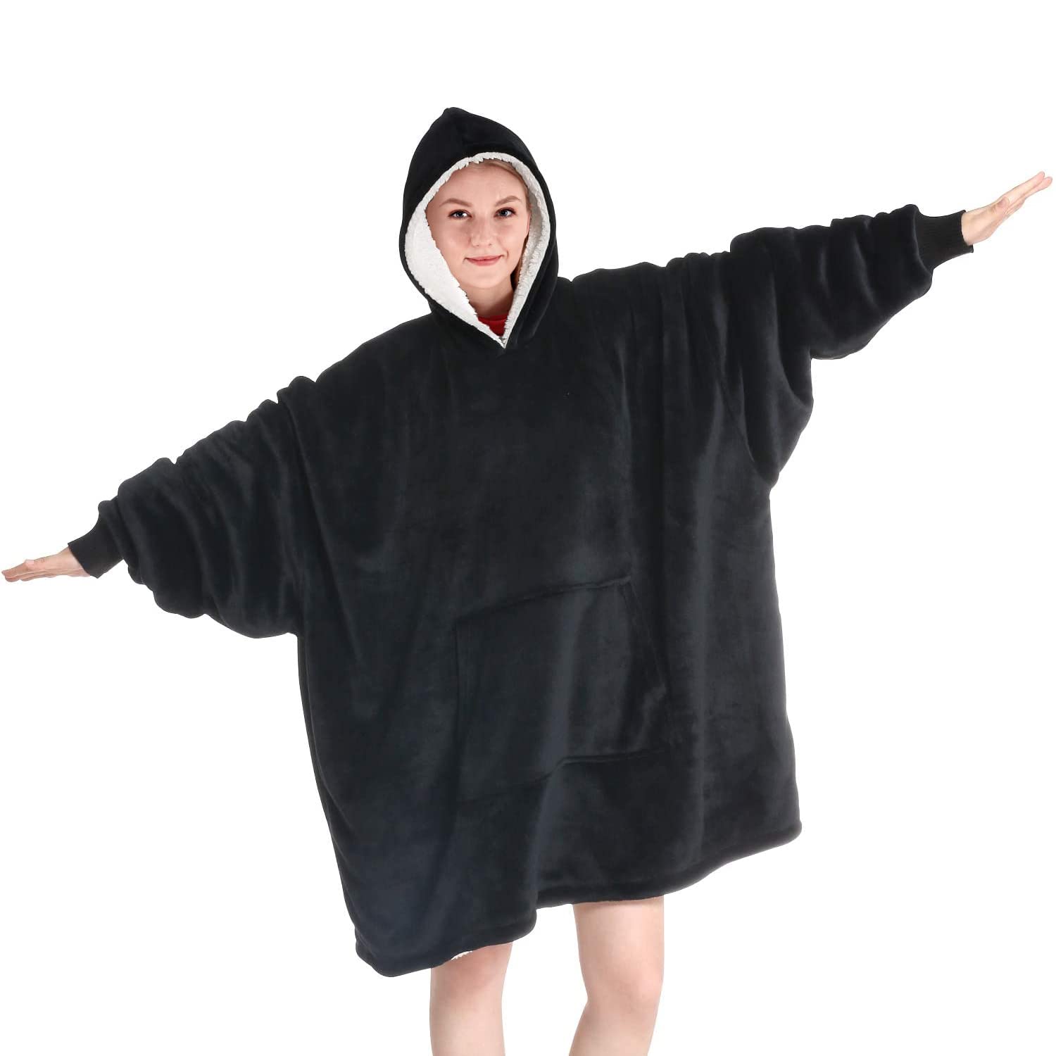 Touchat Wearable Blanket Hoodie - Oversized Sherpa Fleece Hooded Sweatshirt with Pockets & Sleeves | Ultra Soft Plush Blanket Hoodie for Women & Men | One Size Fits All (Black) | Perfect for Lounging, Netflix Nights & Winter Comfort