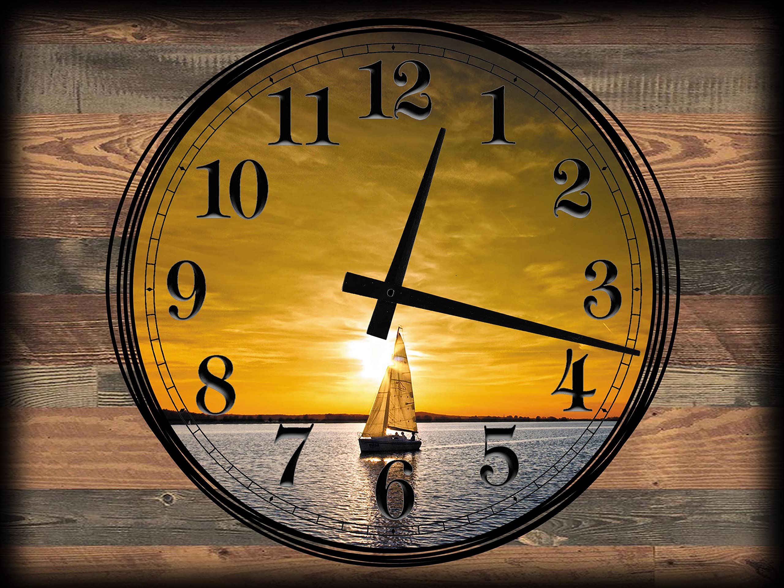 12 x 16 Inch Large Wall Clock Canvas Art - Sailboat Sailing Over Calm Lake with Orange Sky and Clear Blue Water - Brown Wall Decor for Living Room, Bedroom, or Office
